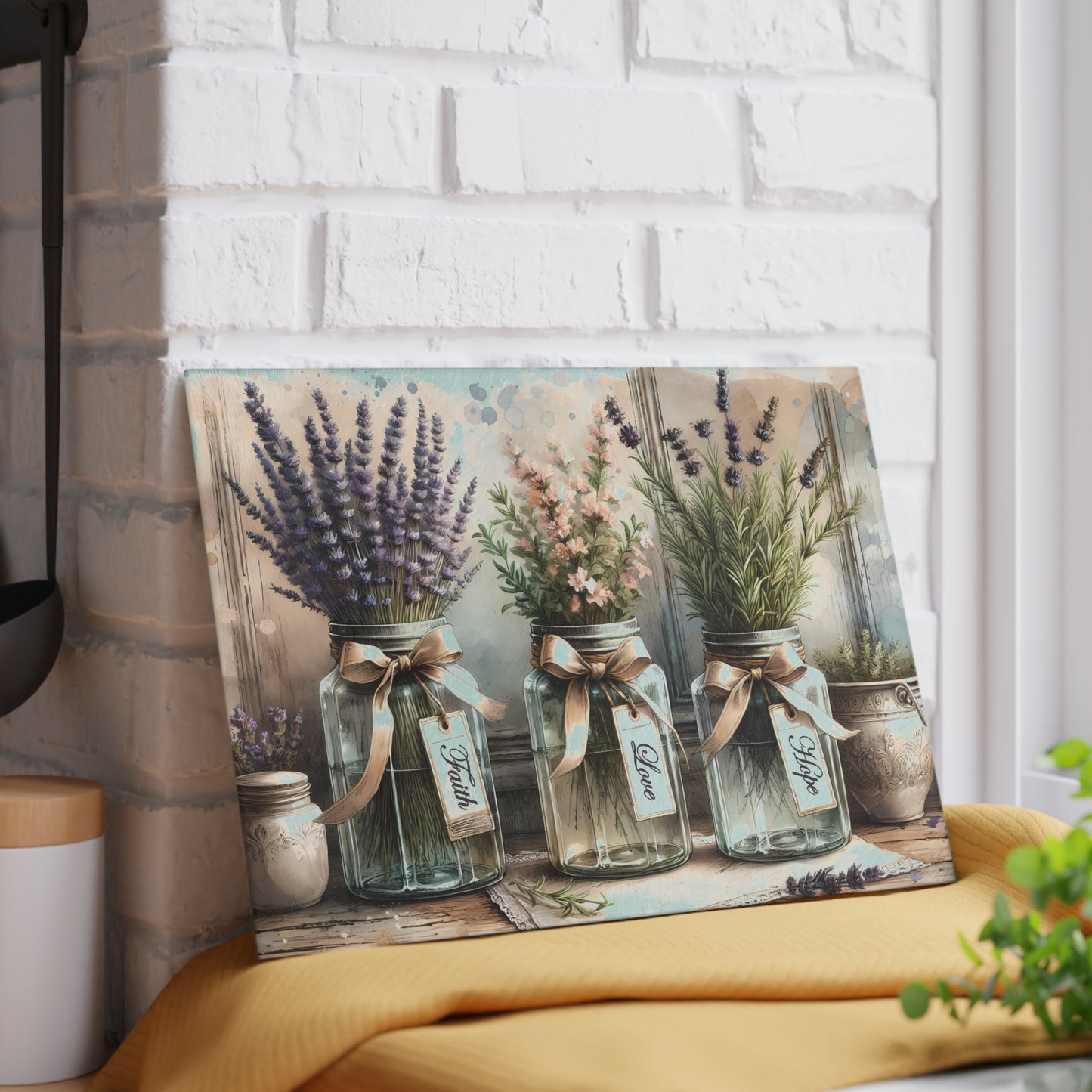 Tabla de cortar Fe, Amor y Esperanza: Dije rústico en tarro de cristal con inspiración floral