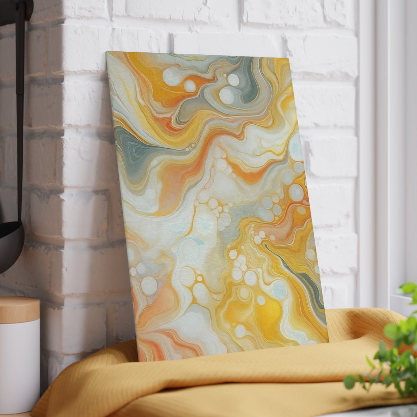 Tabla de cortar de vidrio templado con efecto mármol amarillo, gris y naranja: elegante decoración de cocina con aspecto de mármol, ideal para regalar y funcional.