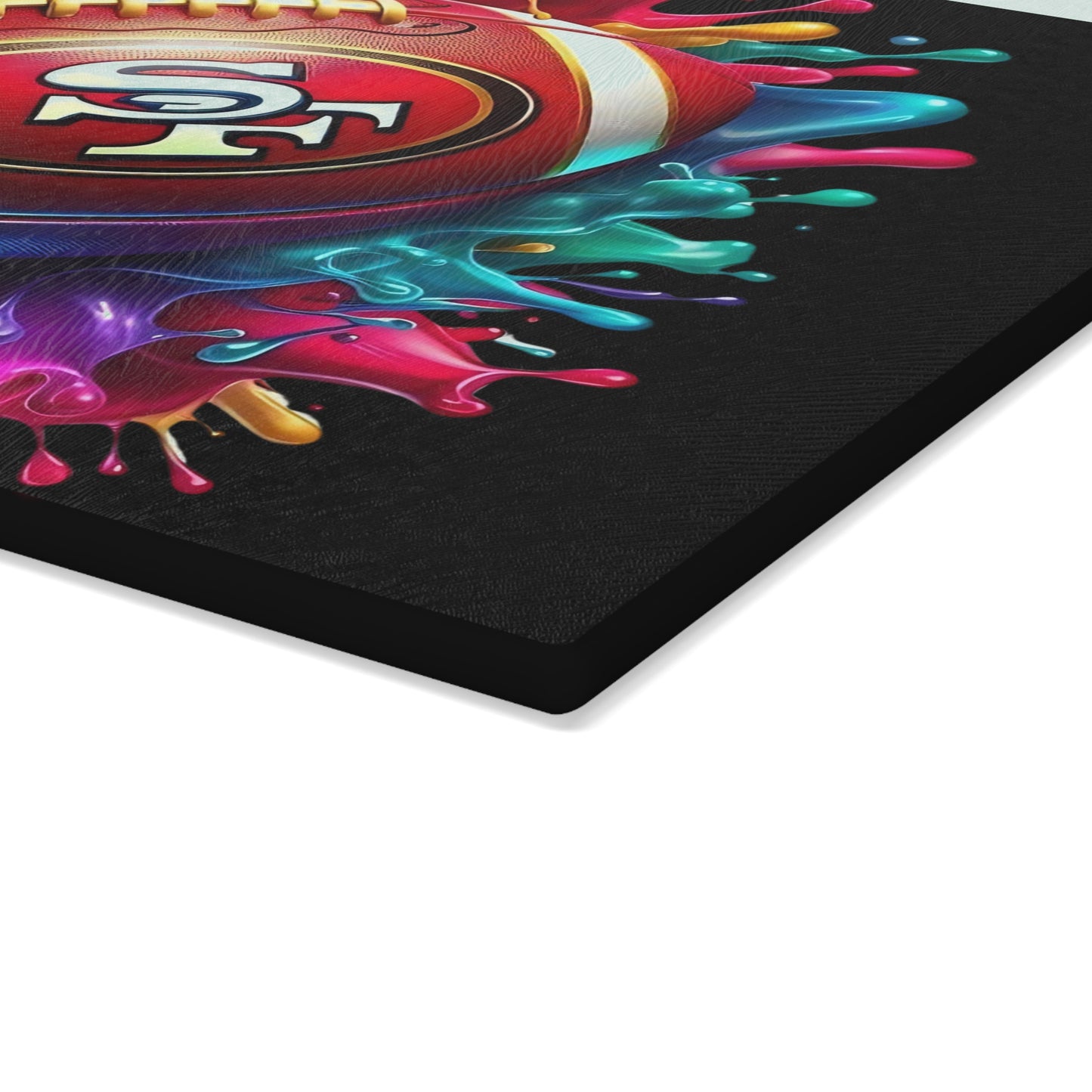 Tabla de cortar de vidrio con diseño de bola salpicada en rojo y dorado: un toque artístico y audaz para la cocina con una explosión de colores vibrantes.