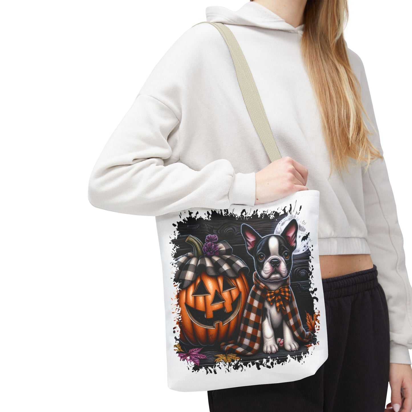 🎃 Boston Terrier Halloween Tote Bag – Spooky Cute with Plaid Style 🐾🖤👜