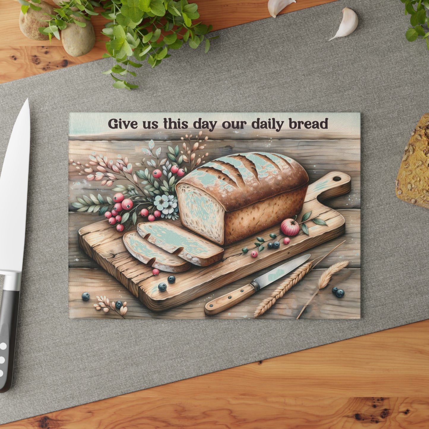 Tabla de cortar "Pan de cada día": arte de cocina rústico inspirado en la fe