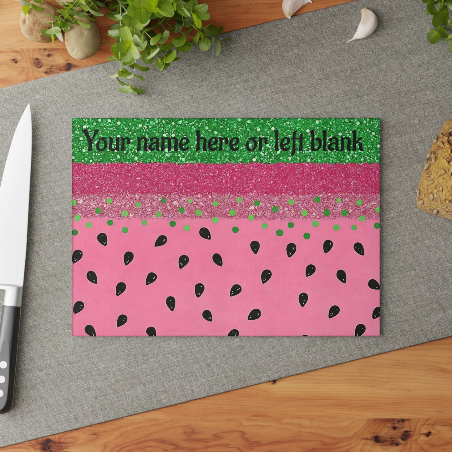 Tabla de cortar con brillo de sandía: divertida decoración de cocina de verano con personalización opcional