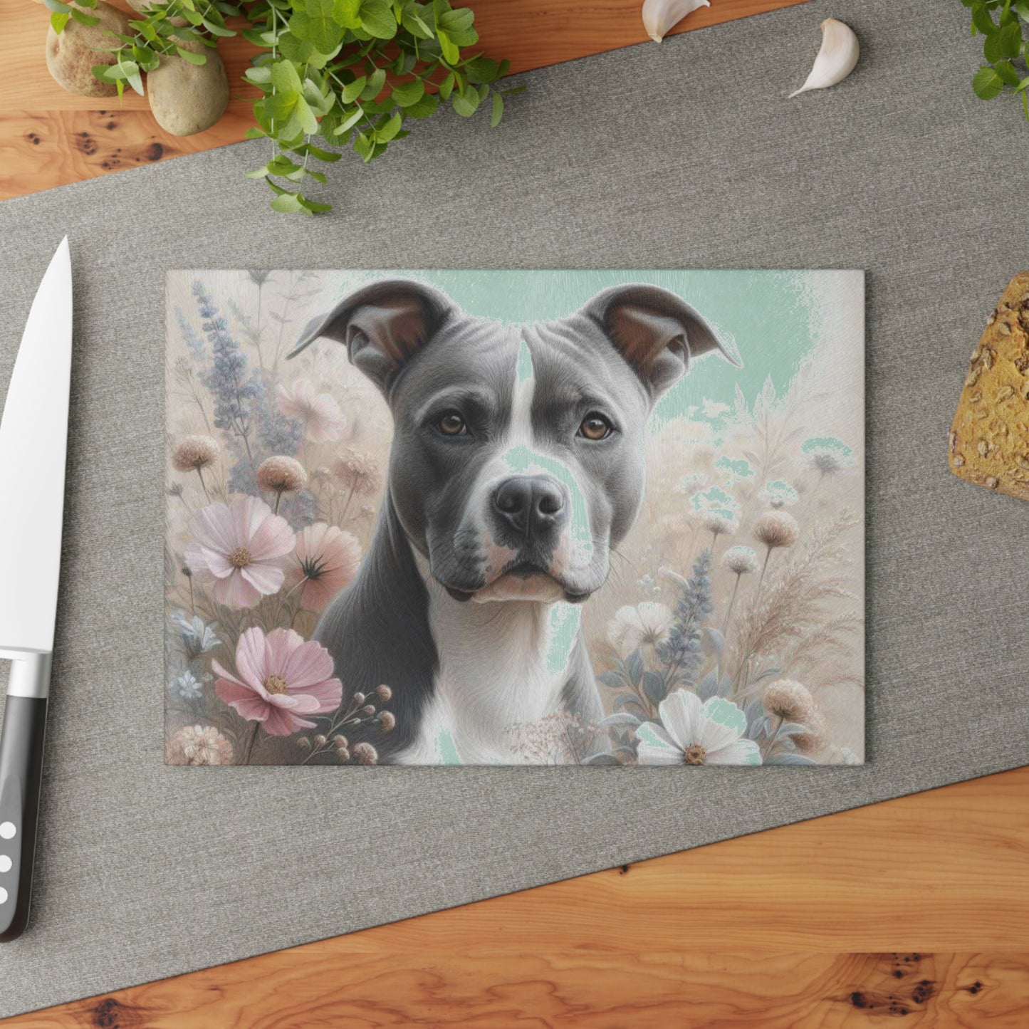 💗 Pit Bull Floral Cutting Board – Gentle Strength with Blooming Beauty 🌸