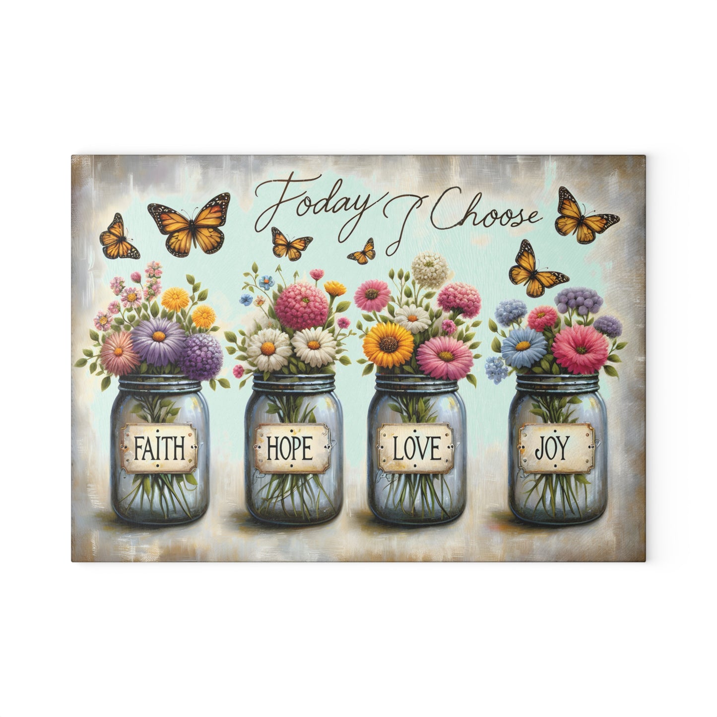 🌼 Hoy elijo – Tabla de cortar de fe, esperanza, amor y alegría – Decoración floral inspiradora para la cocina
