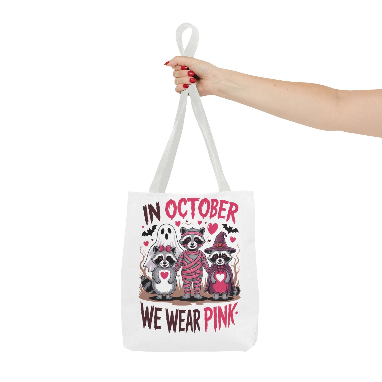🎀 In October We Wear Pink Raccoon Halloween Tote Bag – Spooky Cute Awareness Style 🦝👜