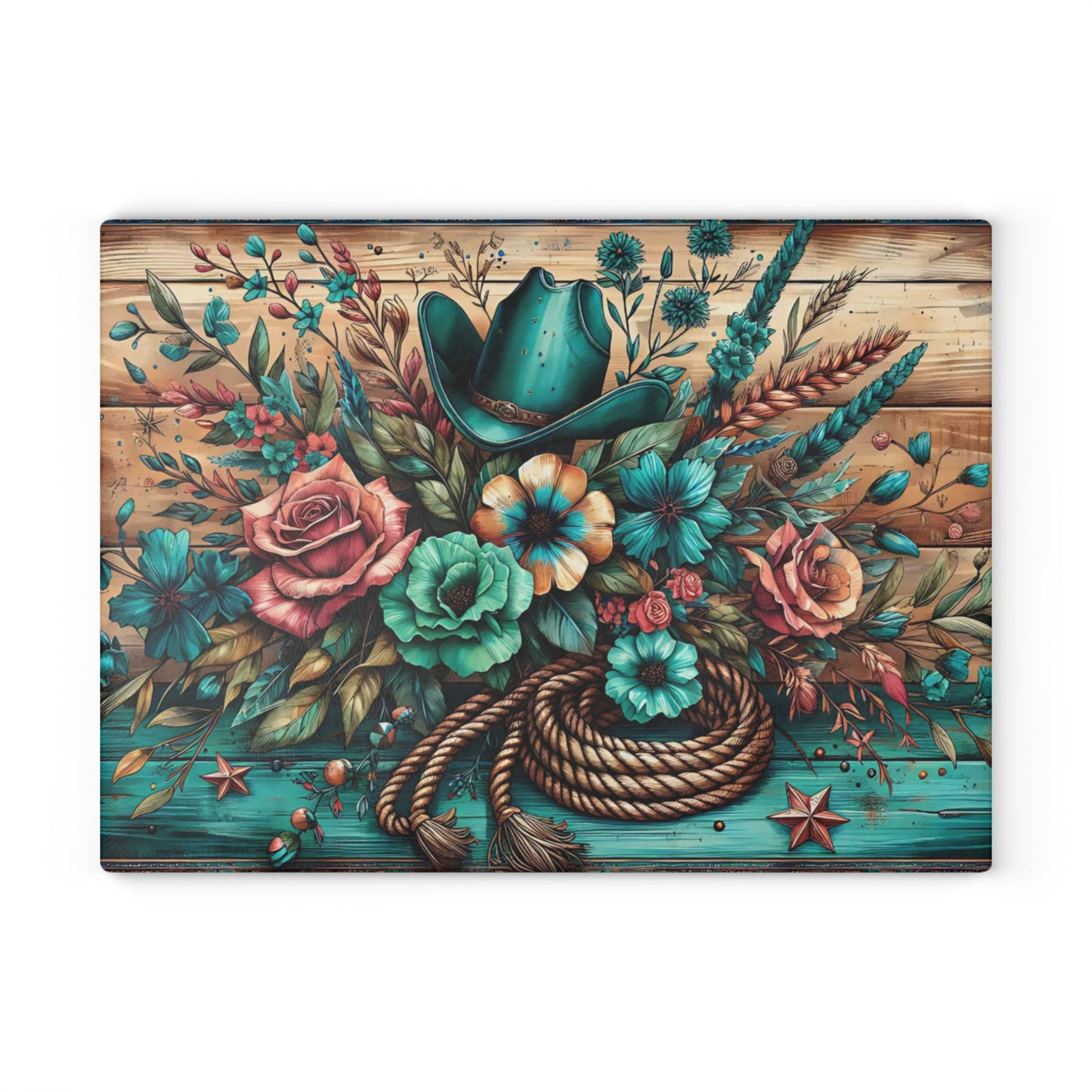 🤠 Western Cowboy Hat, Rope & Floral Rustic Cutting Board – Country Charm Kitchen Décor