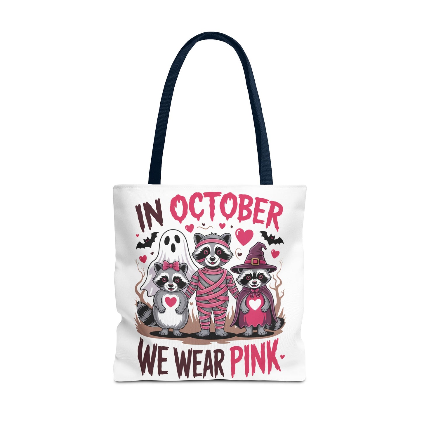 🎀 In October We Wear Pink Raccoon Halloween Tote Bag – Spooky Cute Awareness Style 🦝👜