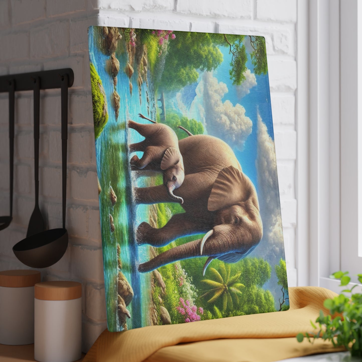 Mother elephant and her baby tempered glass cutting board - walking down a peaceful water creek