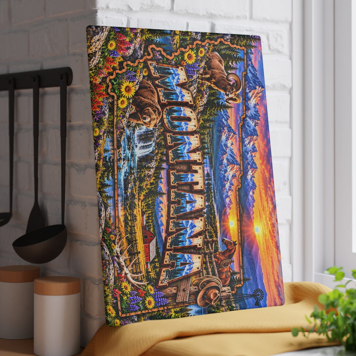Montana Mountain Sunset Glass Cutting Board – Rustic Wildlife, Western Ranch & Scenic Landscape Kitchen Décor