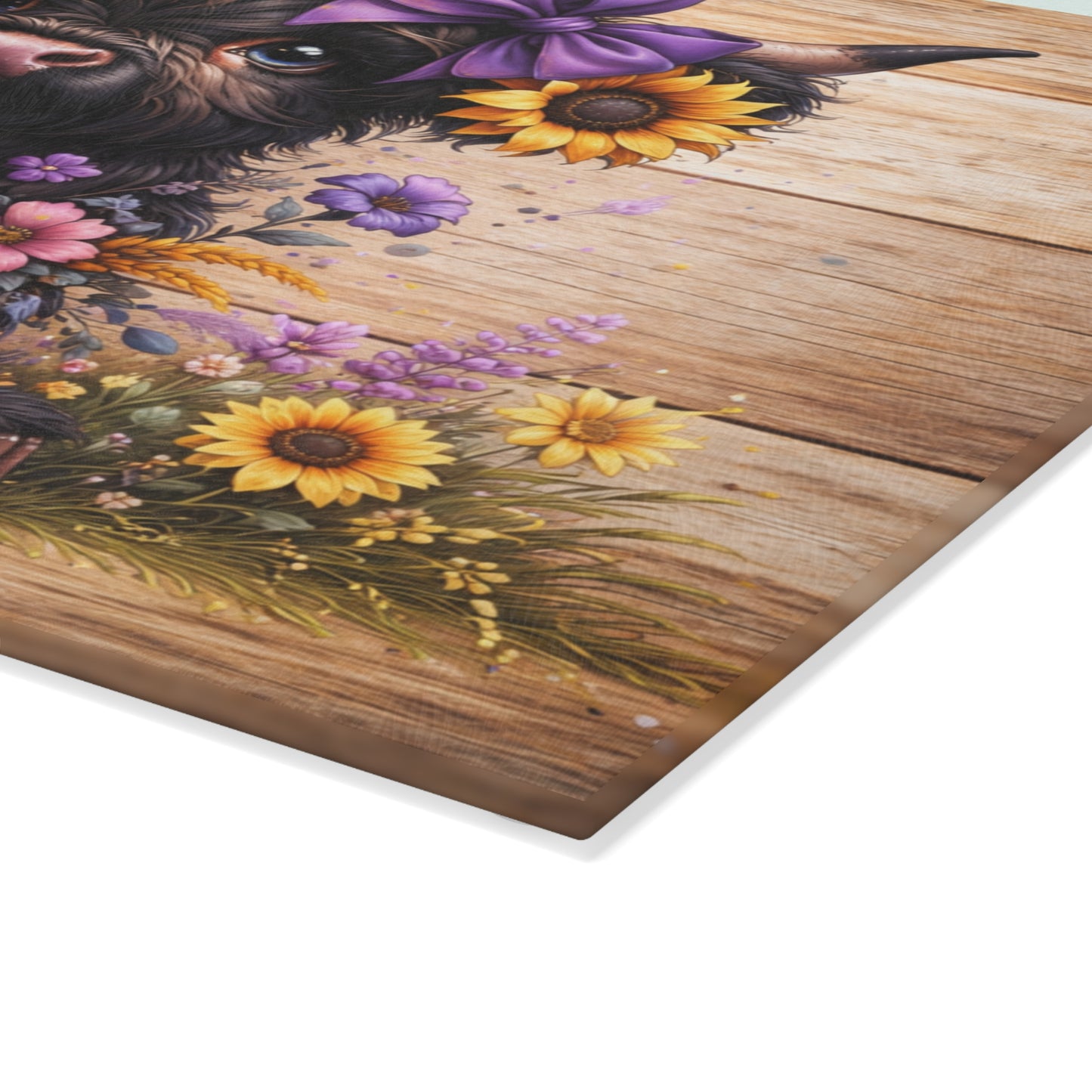 Sunflower Bow Highland Calf Glass Cutting Board – Rustic Farm Animal Art with Floral Country Charm