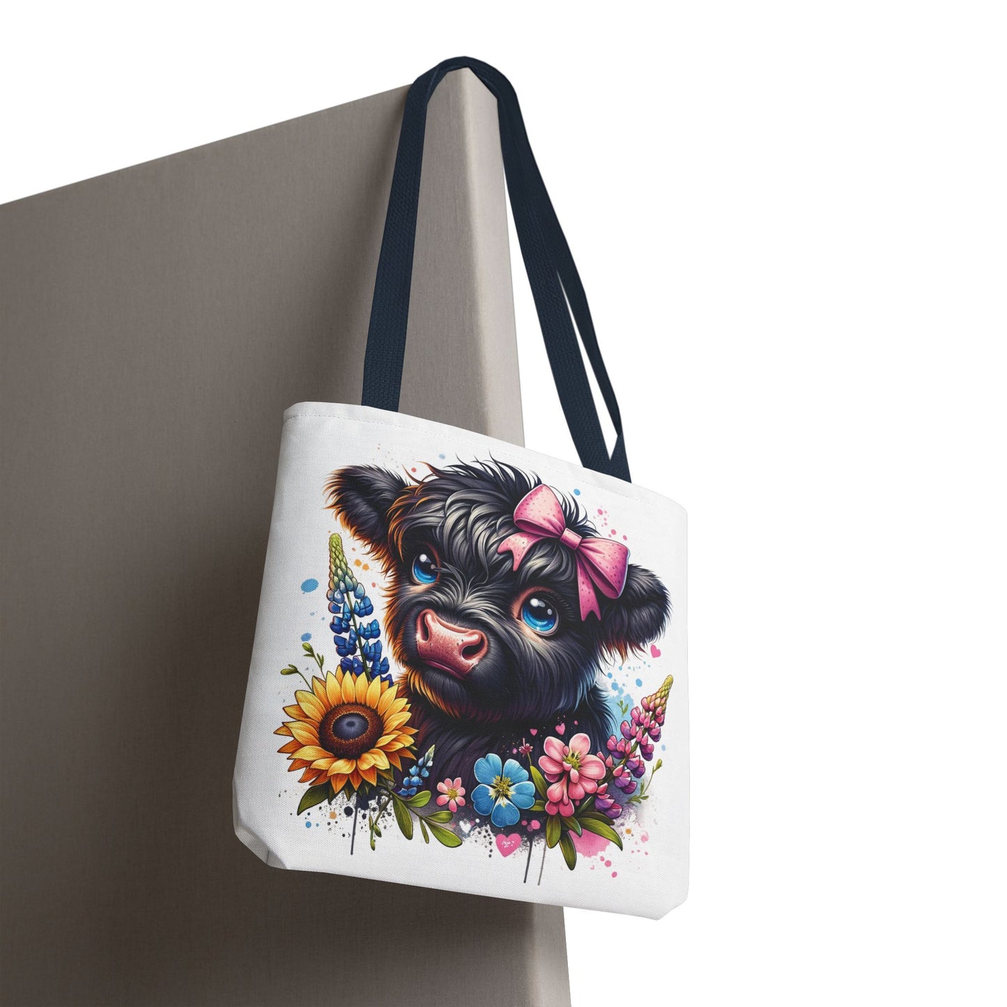 🌸 Black Highland Calf Floral Tote Bag – Sweet Style for Every Age 🐮👜
