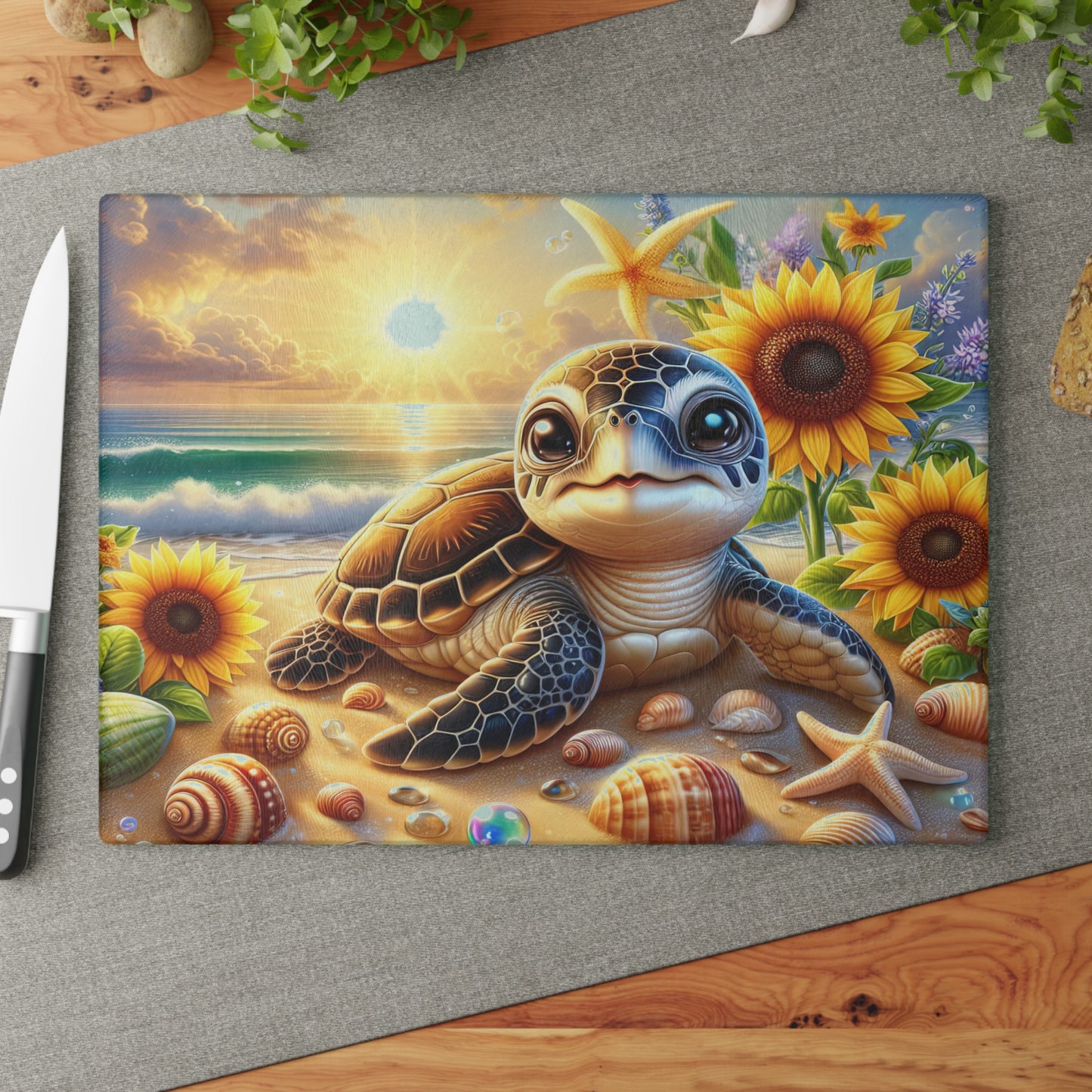 Tabla de cortar de playa con diseño de tortuga marina bebé: encanto soleado y fantasía costera para tu cocina