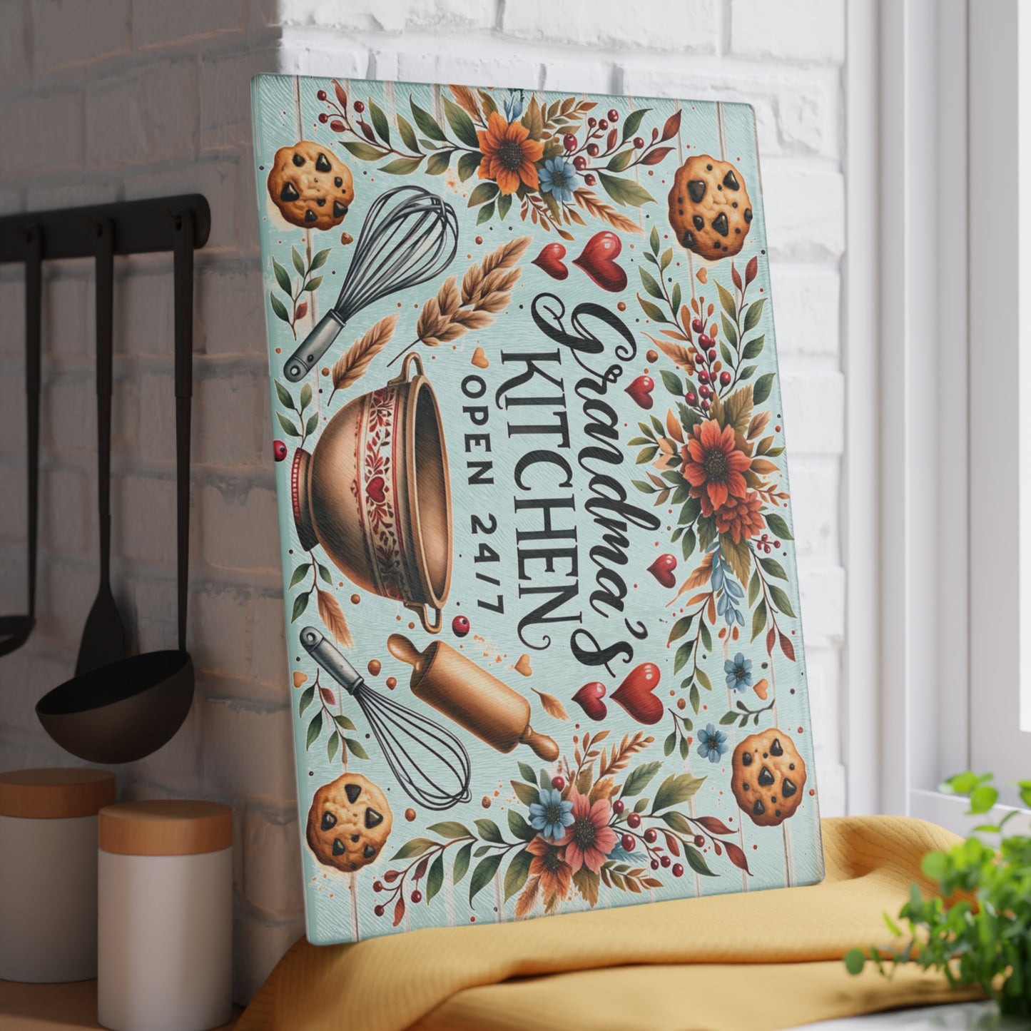 🍪❤️ Grandma’s Kitchen Cutting Board – Whimsical Farmhouse Charm with Cookies & Flowers 🌻🥣