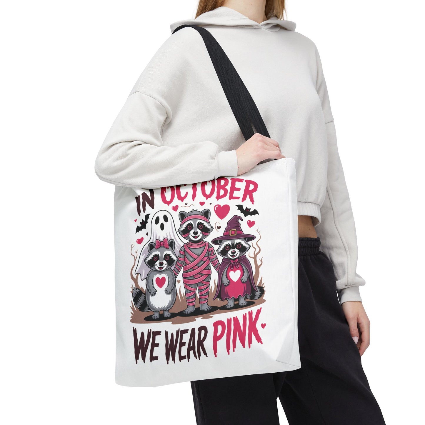🎀 In October We Wear Pink Raccoon Halloween Tote Bag – Spooky Cute Awareness Style 🦝👜