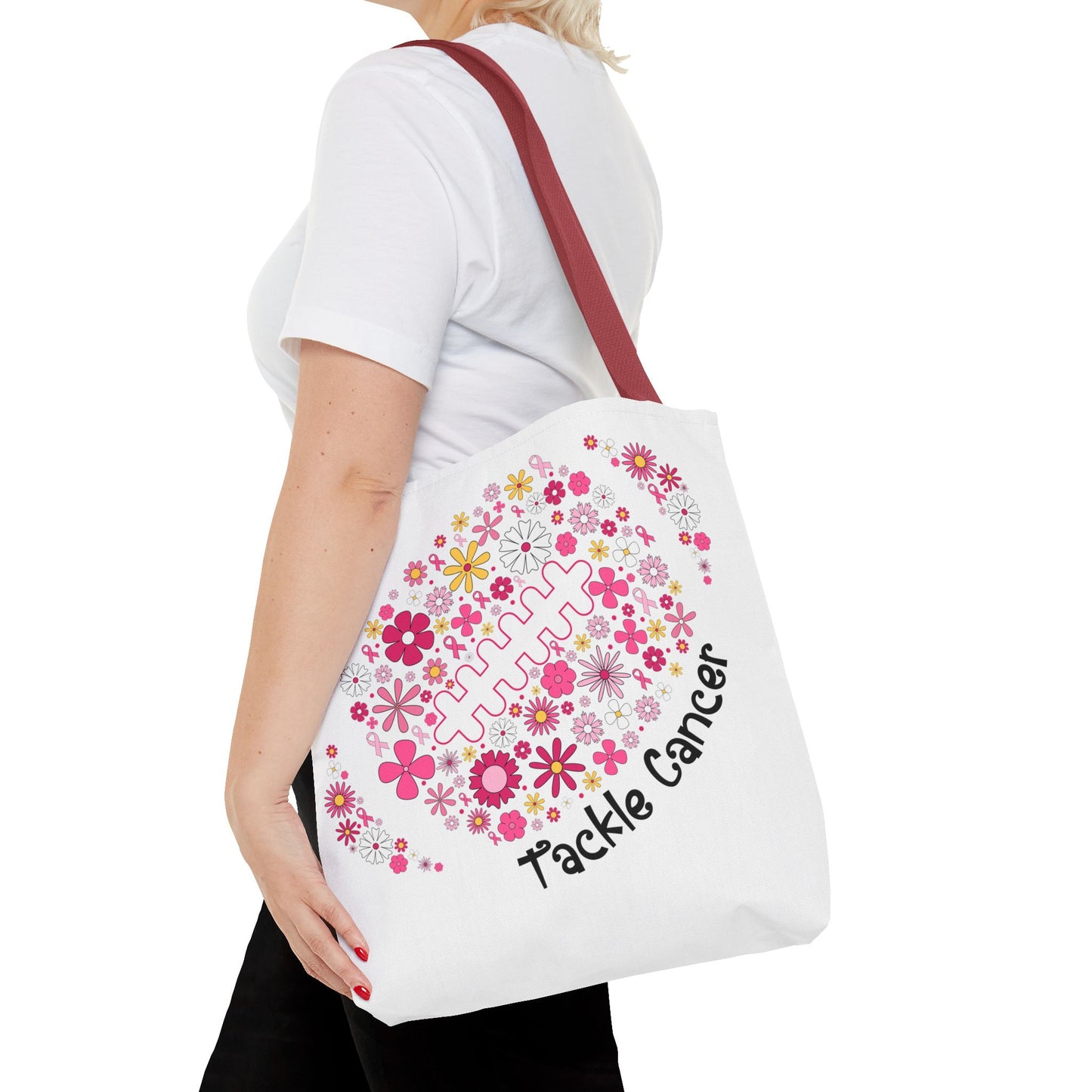 ๐ธ Pink Floral Football Tote Bag โ Game Day Meets Breast Cancer Awareness ๐๐