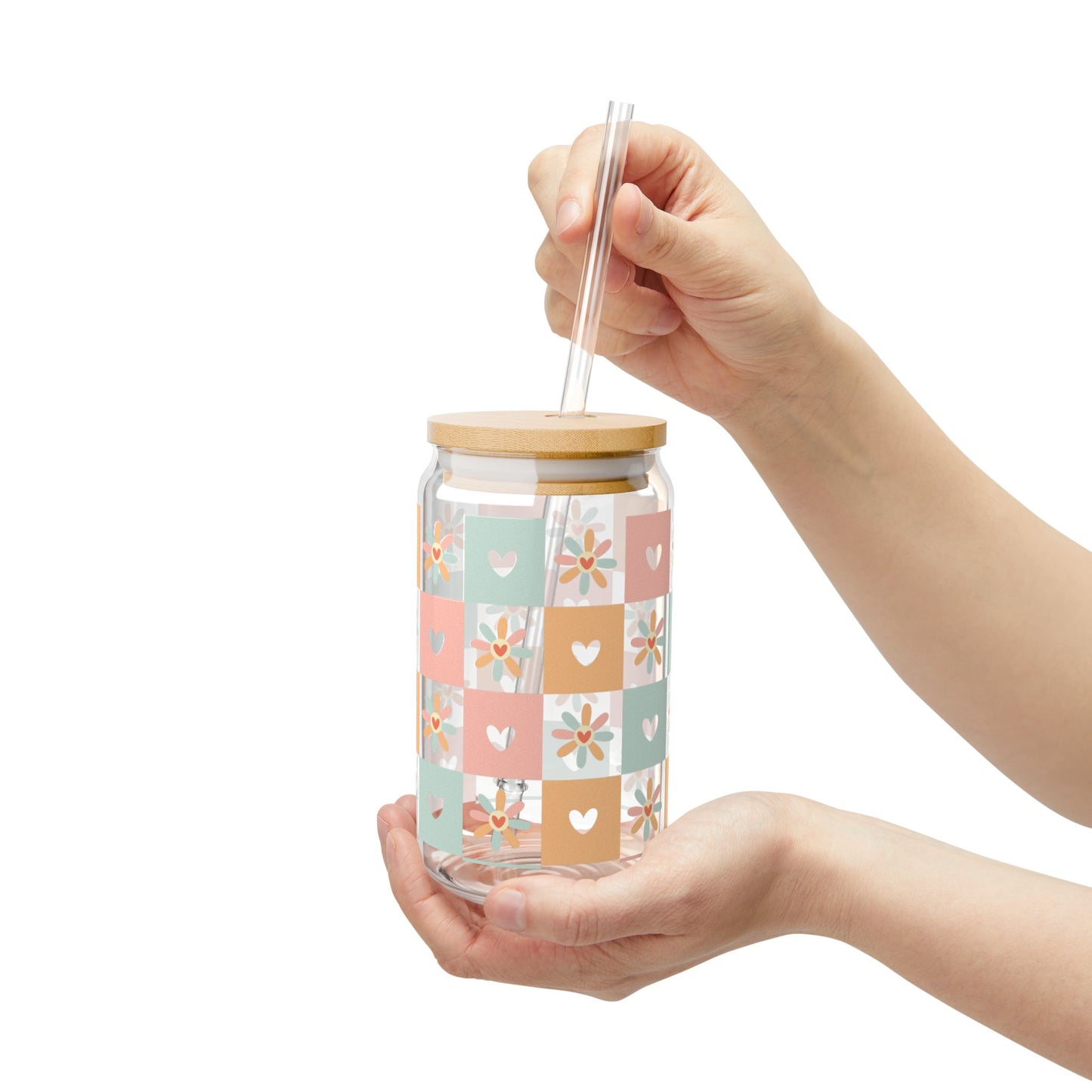 🧡🌼 Pastel Hearts & Flowers Sipper Glass – Retro Charm for Every Sip 💗✨