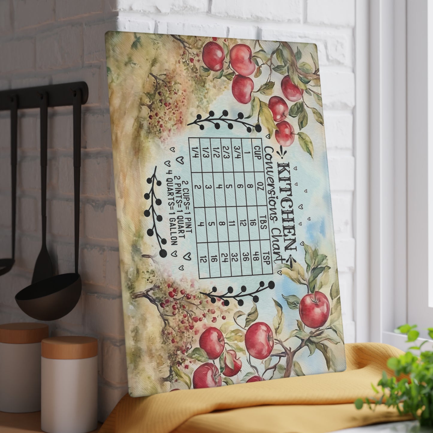🍎📏 Apple Orchard Kitchen Conversions Cutting Board – Rustic Farmhouse Charm with Helpful Measurements 🌿🥧