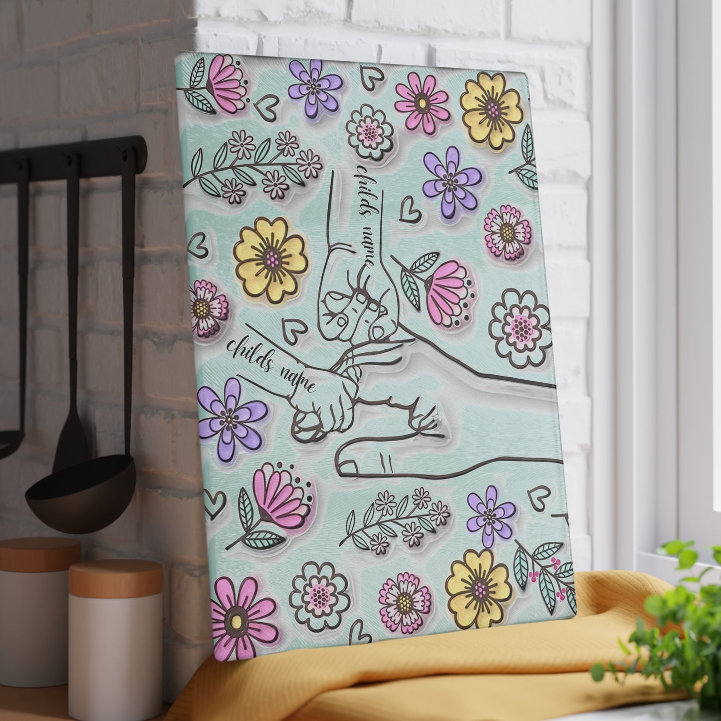 Tabla de cortar de vidrio templado personalizada con manos de madre | Arte floral 3D | Nombres personalizados para niños | Regalo para el Día de la Madre