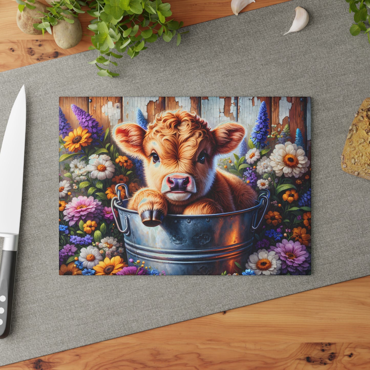 🐮 Wildflower Bucket Calf Cutting Board – Bright Blooms & Farmyard Whimsy for Your Kitchen