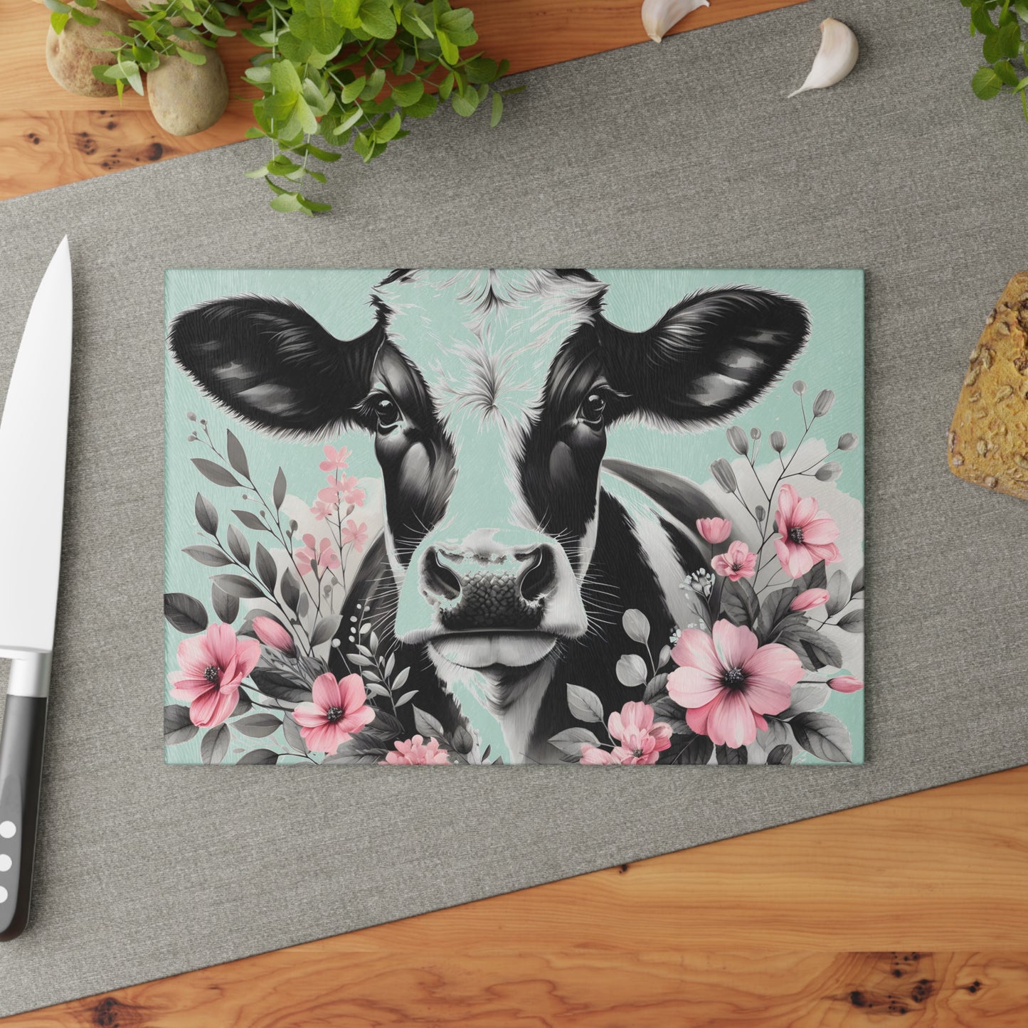 🐄 Blush & Bold Cow Cutting Board – Elegant Florals Meet Farmhouse Chic