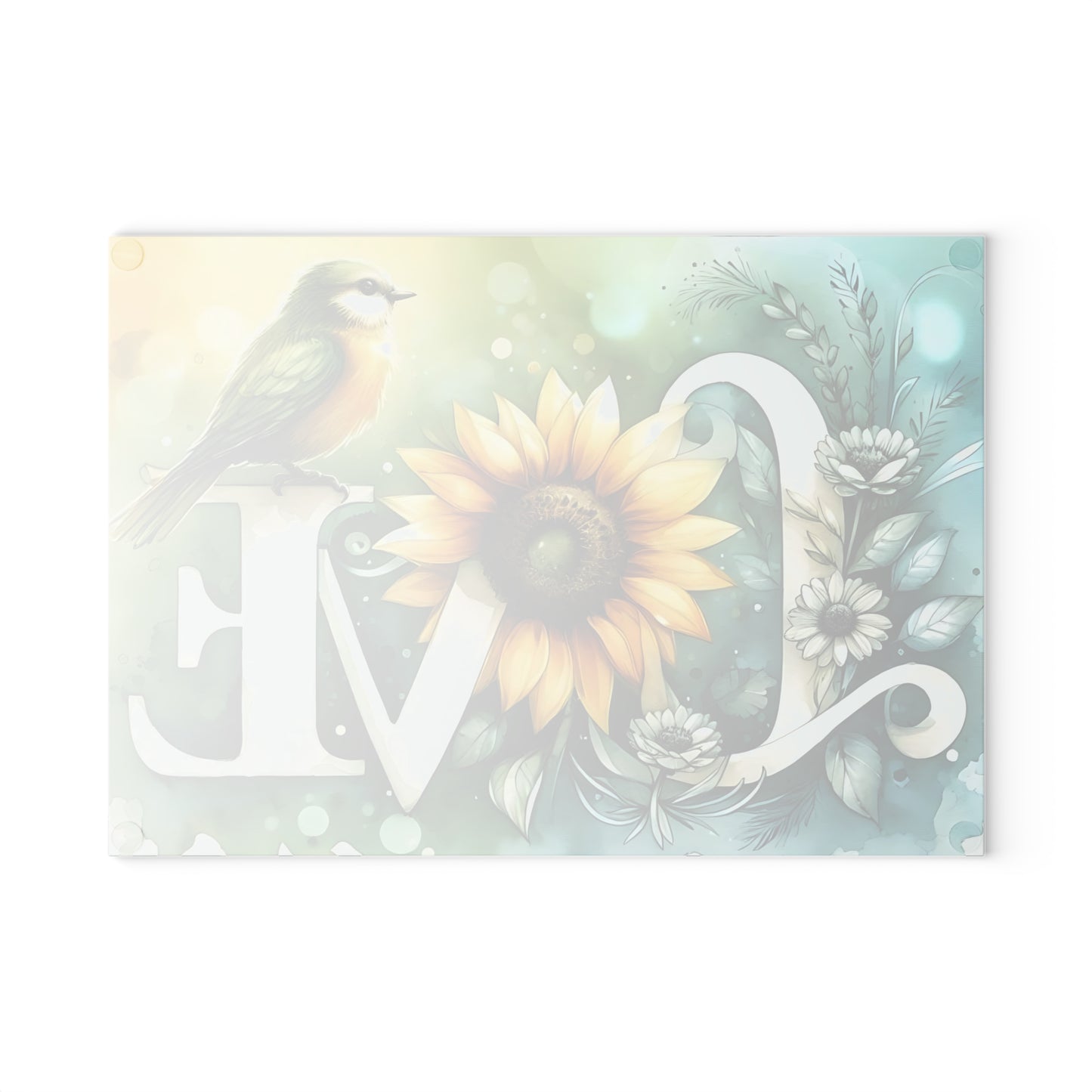 Tabla de cortar, diseño de amor con pájaros y girasoles, decoración de cocina, bandeja de vidrio para servir, regalo de inauguración de la casa, utensilio de cocina