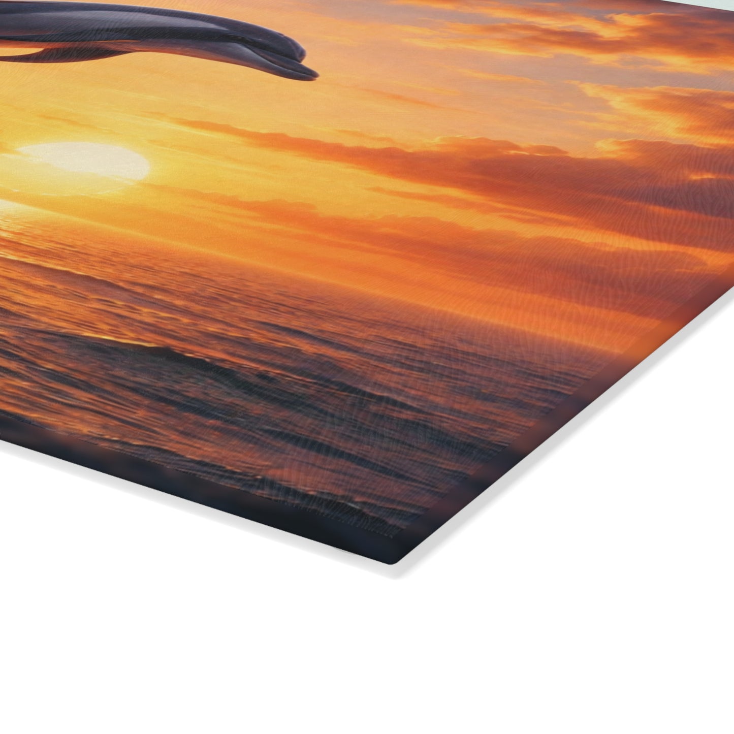 Dolphins at Sunset Glass Cutting Board – Peaceful Ocean Artwork with Golden Horizon