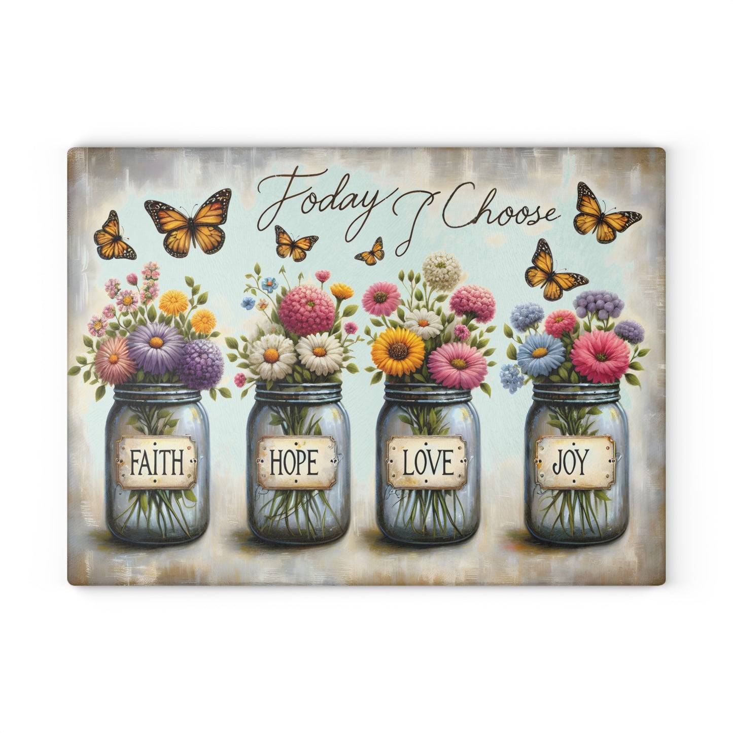 🌼 Hoy elijo – Tabla de cortar de fe, esperanza, amor y alegría – Decoración floral inspiradora para la cocina