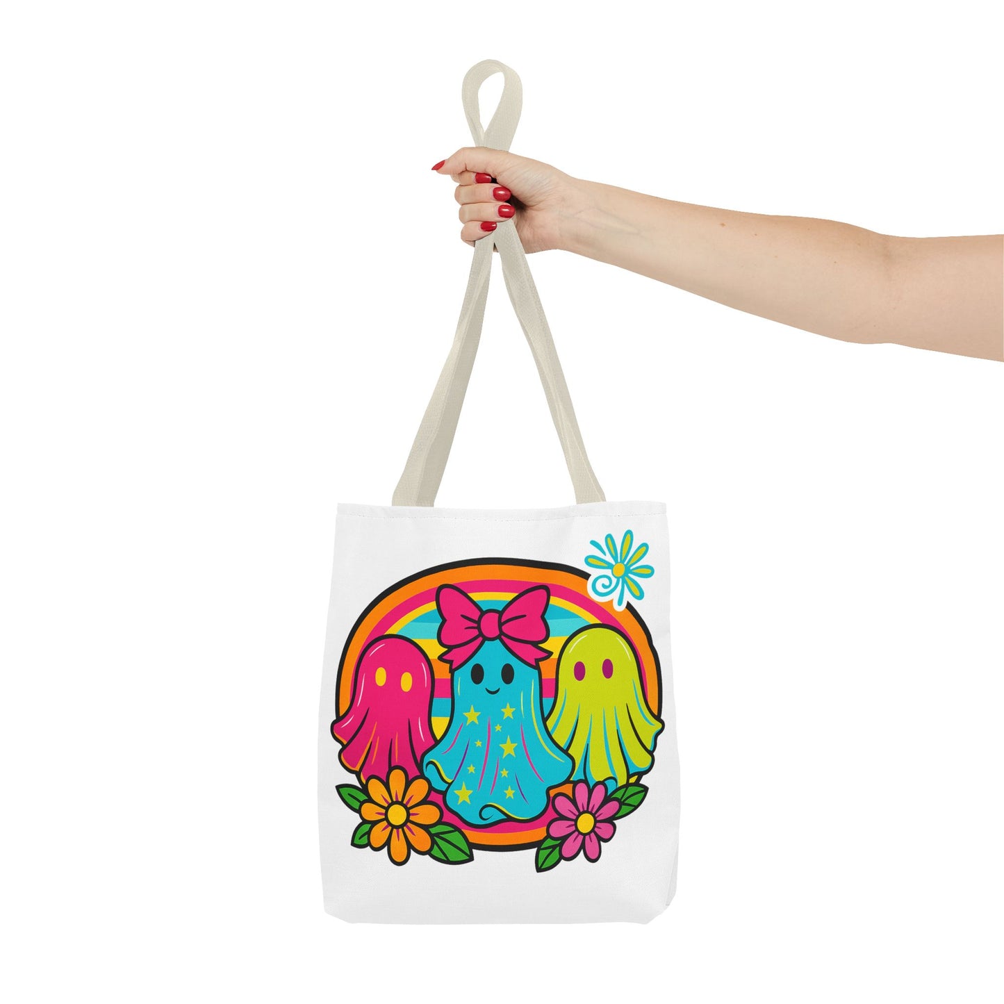 ๐ Retro Rainbow Ghosts Tote Bag โ Groovy Spooky Fun ๐ป๐