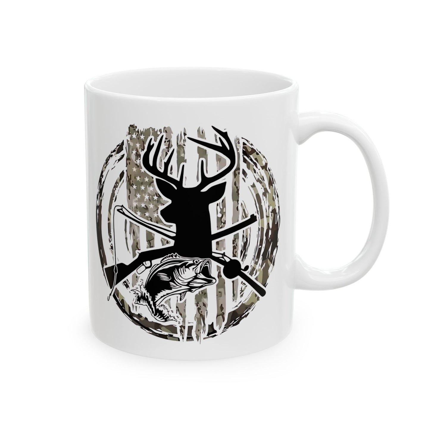 🦌🎣 TORN CAMO FLAG – Buck, Bass, Rifle & Fishing Rod Mug USA🔥