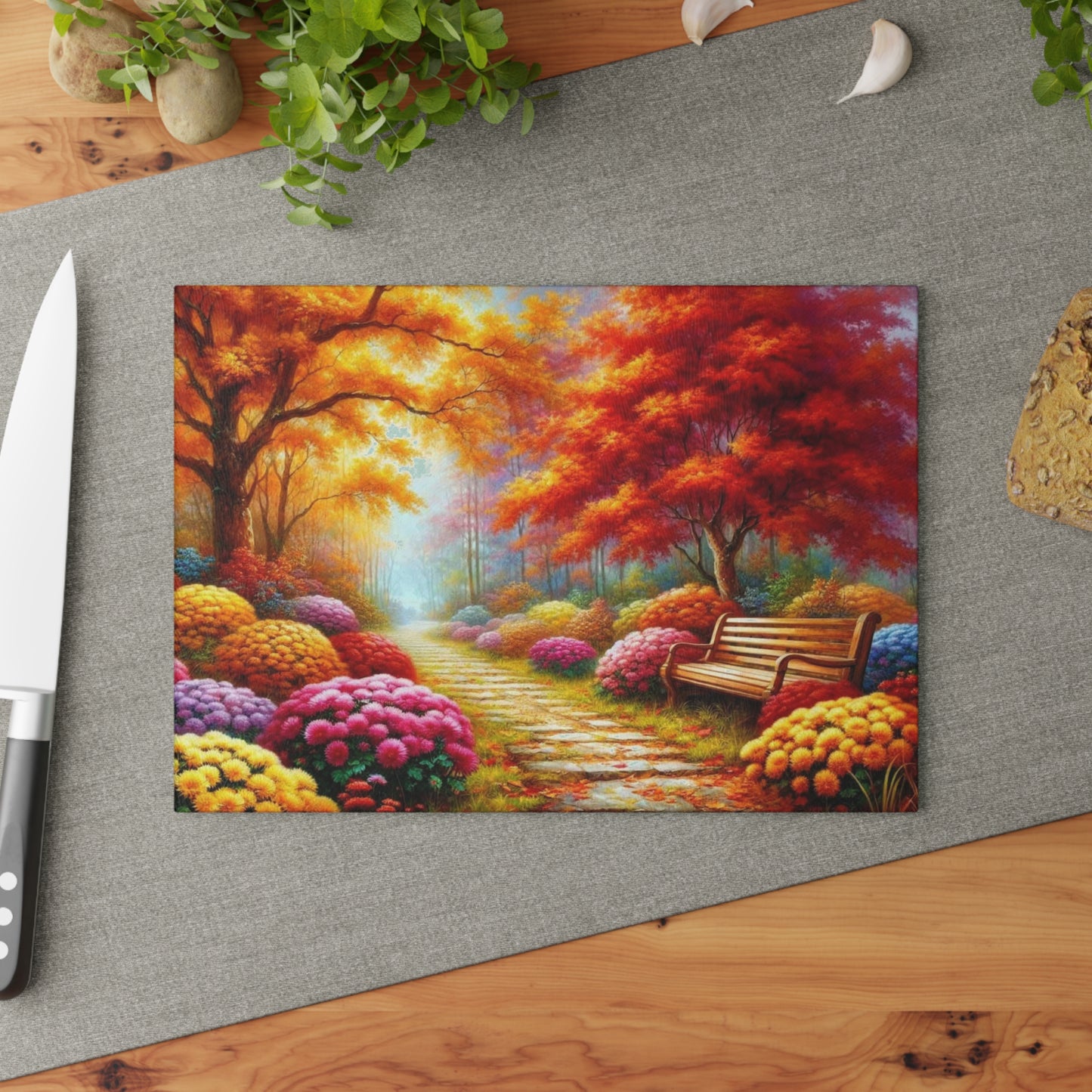 🍁 Autumn Path & Park Bench – Cozy Fall Tempered Glass Cutting Board