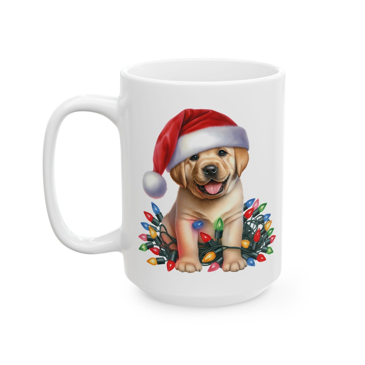 🎄 Labrador Puppy Christmas Mug – Santa Hat & Holiday Lights Cheer 🐾