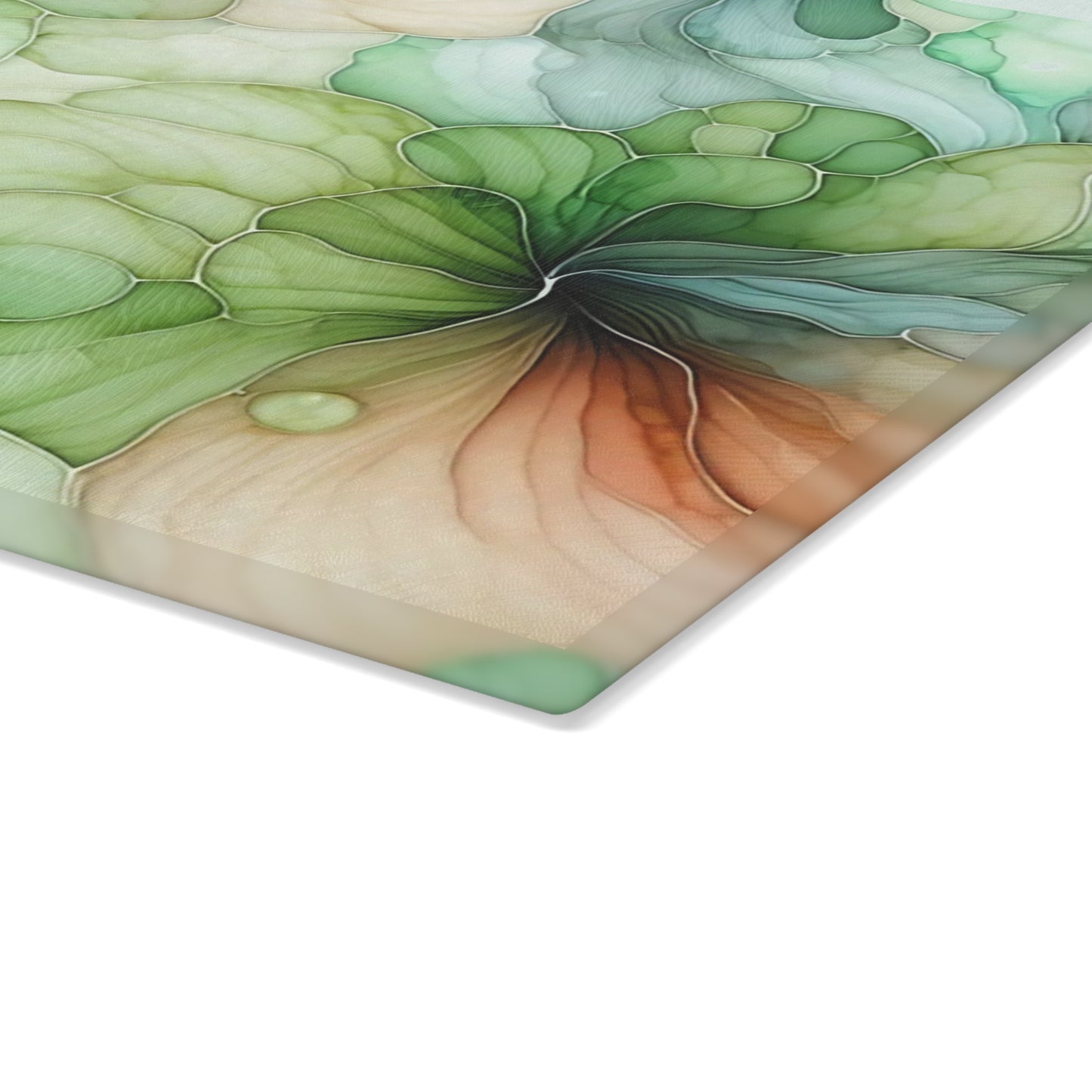 Tabla de cortar de vidrio abstracto en verde, óxido y verde azulado: elegancia y funcionalidad.