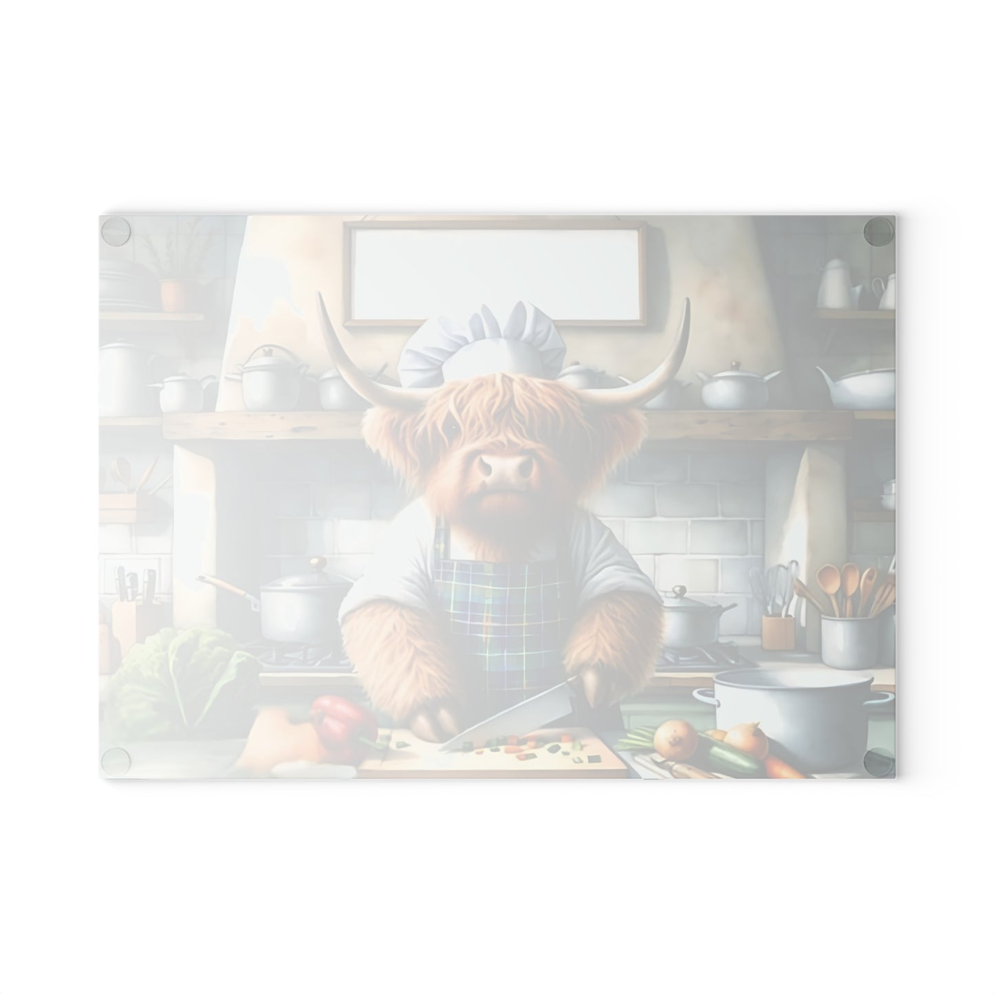 Tabla de cortar de vidrio Highland Cow Chef: decoración divertida para cocinas de estilo rústico