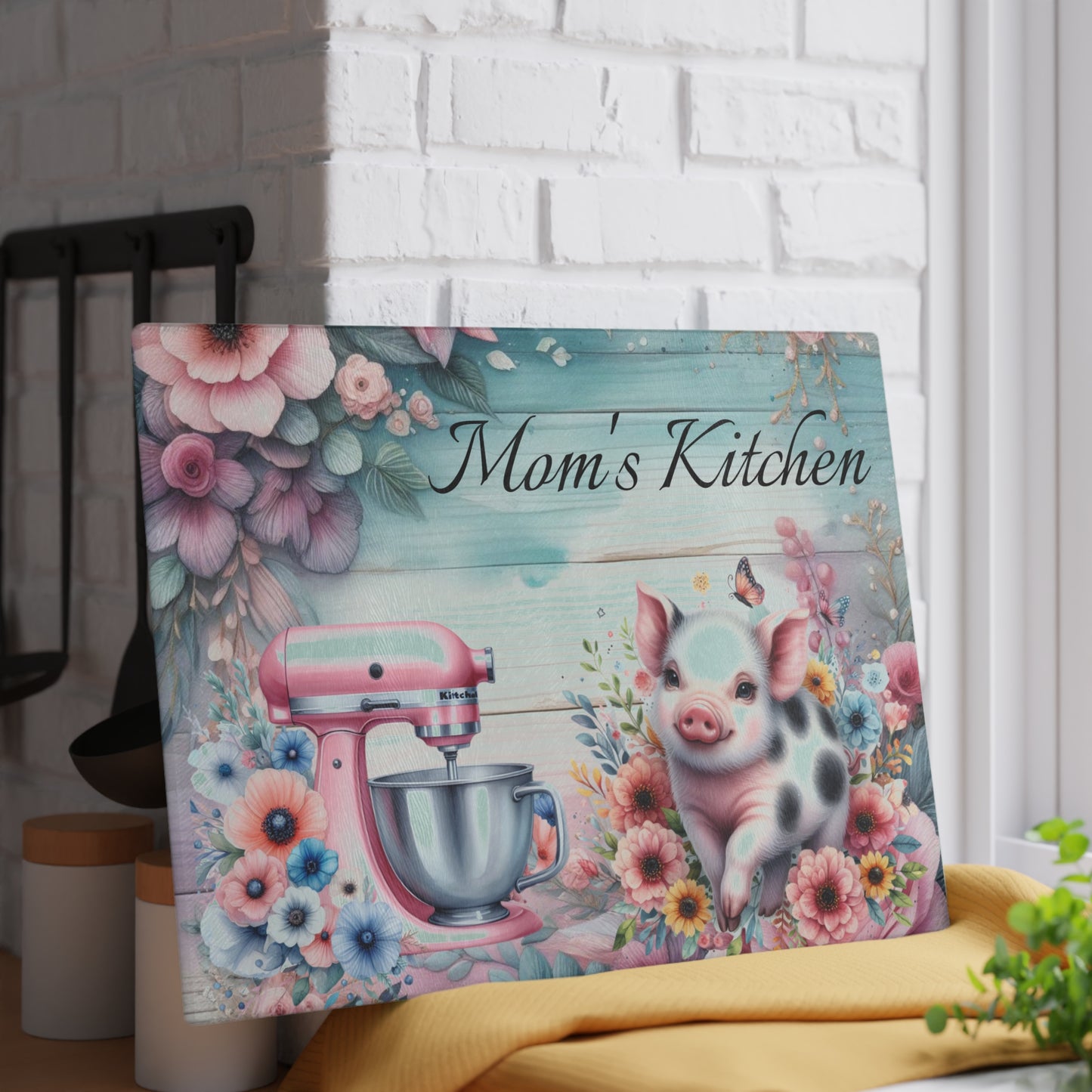 Tabla de cortar de cerdo, tabla de cortar personalizada, decoración con nombre personalizado, cocina de mamá, decoración de granja, tabla de cortar de vidrio, regalo para amantes de los cerdos,
