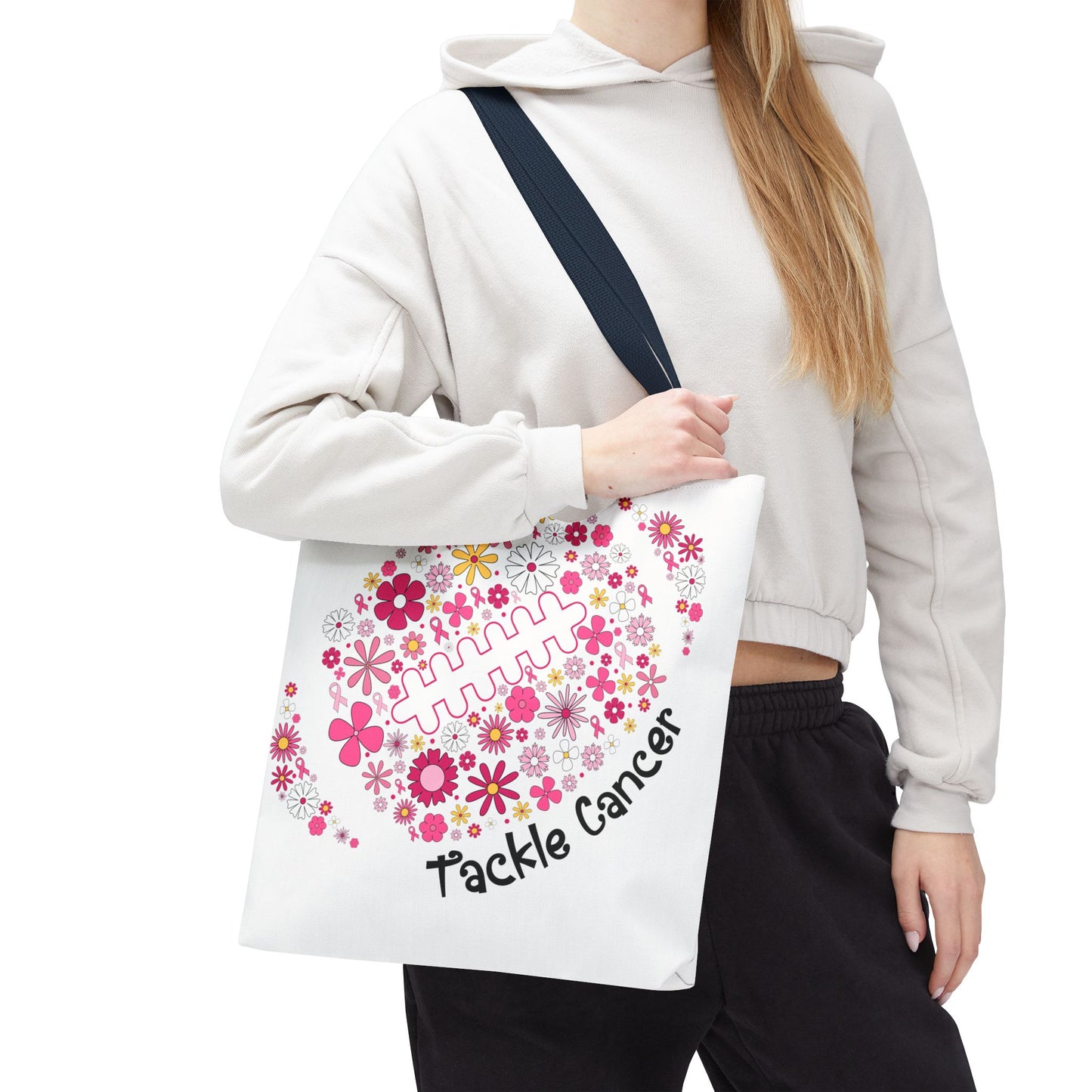 ๐ธ Pink Floral Football Tote Bag โ Game Day Meets Breast Cancer Awareness ๐๐