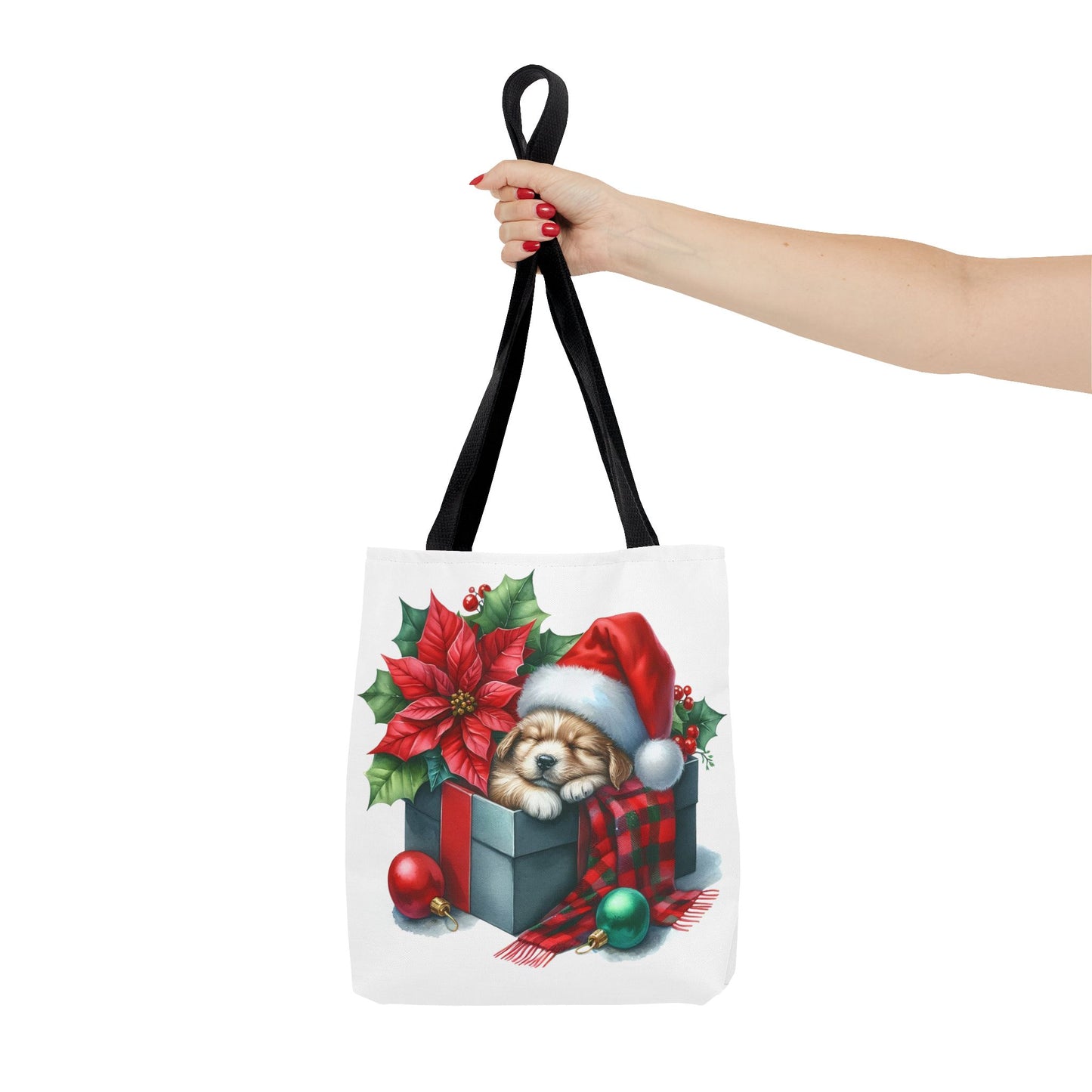 🎁 Sleeping Puppy in Gift Box Christmas Tote – Cozy Holiday Charm for Dog Lovers 🐾