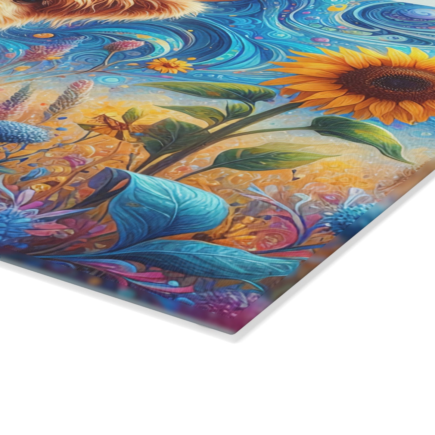 🐮🌻 Whimsy Highland Cow Glass Cutting Board – Floral Fantasy Farmhouse Style