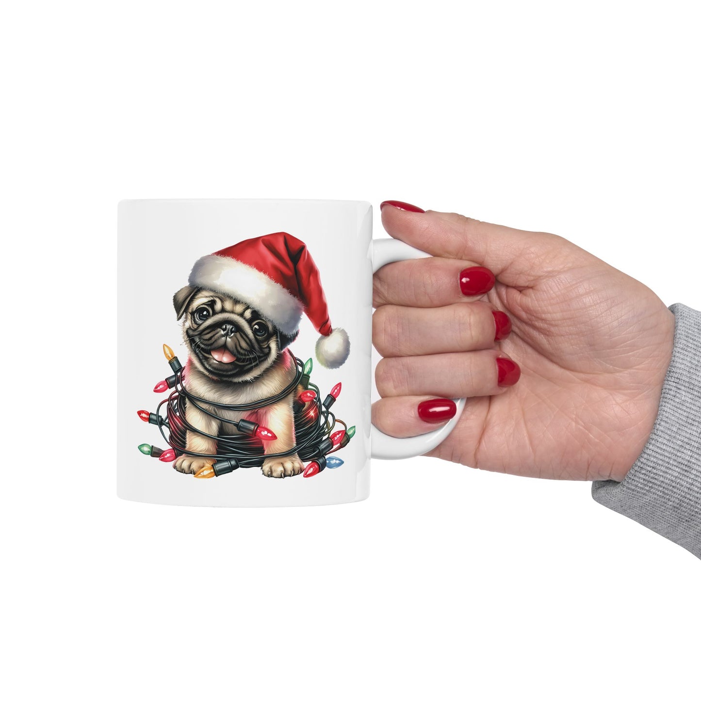 🎄 Pug Christmas Mug – Festive Santa Hat & Tangled Lights Delight 🎁