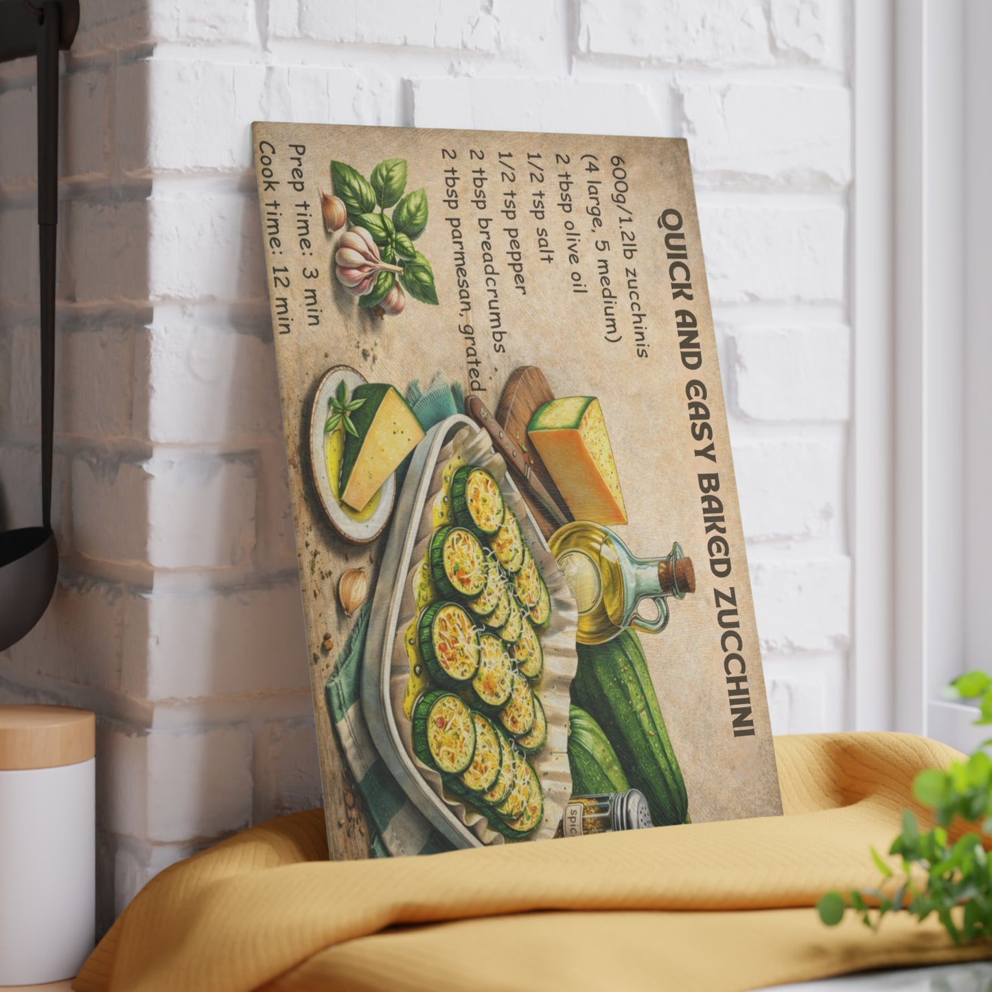 Quick and Easy Baked Zucchini Glass Cutting Board – Simple Oven Recipe Kitchen Art