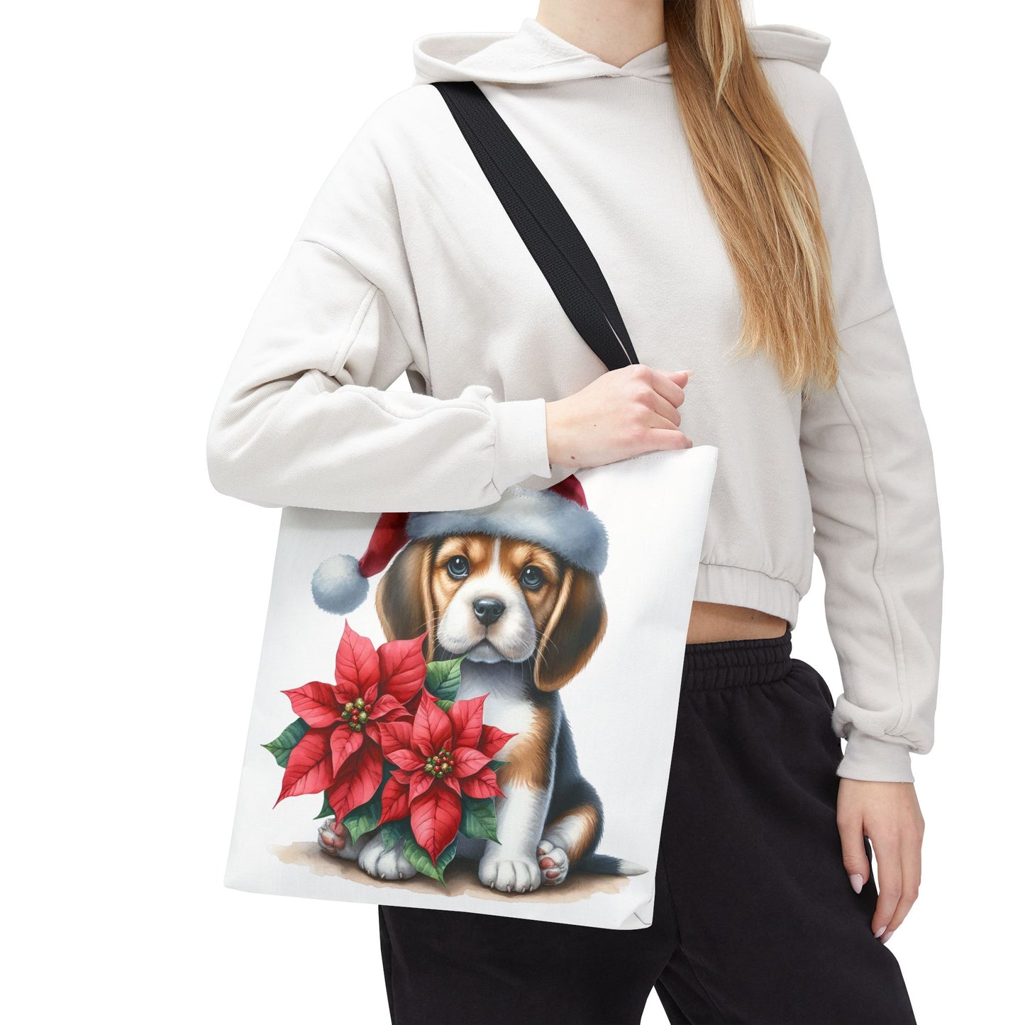 🐶 Beagle Puppy & Poinsettia Christmas Tote Bag – Sweet Holiday Charm in Every Step 🎄