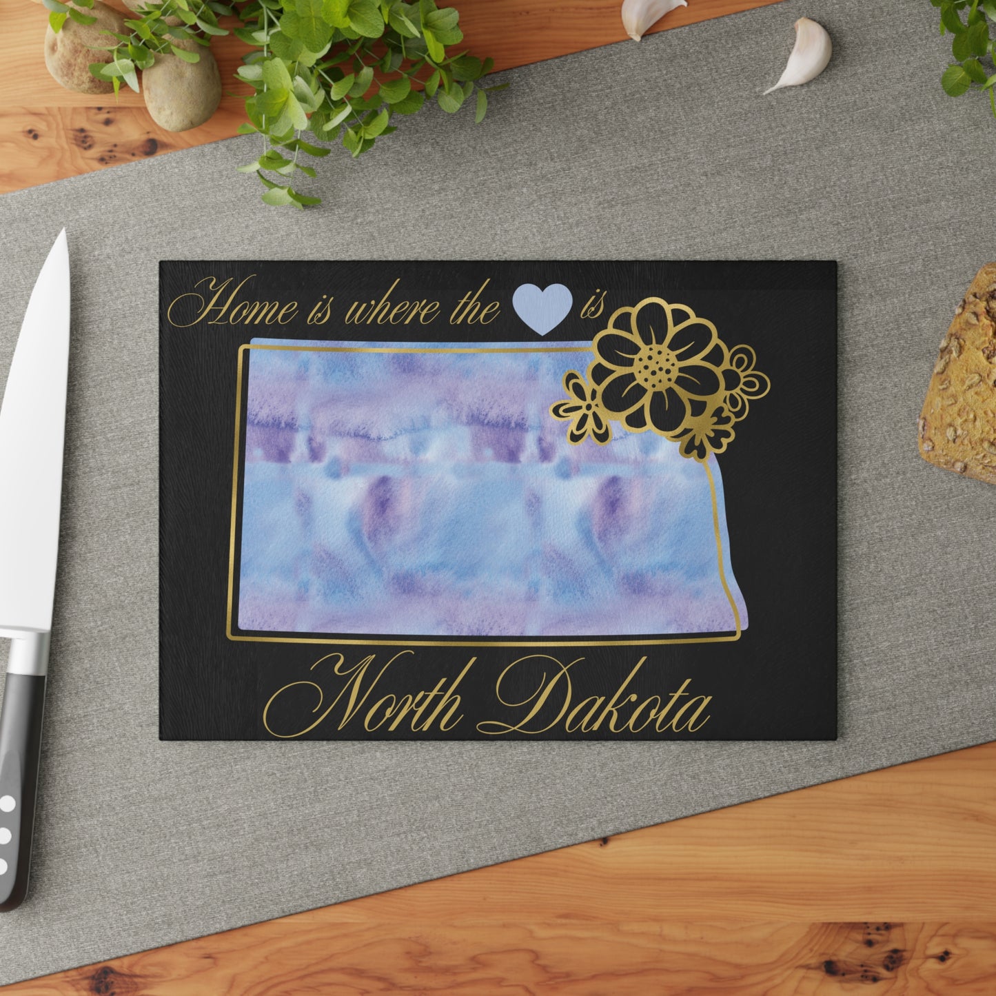 💙 North Dakota State Cutting Board – Soothing Blues with Prairie Heart Charm