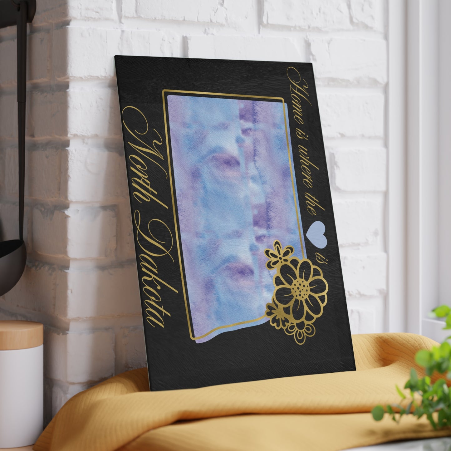 💙 North Dakota State Cutting Board – Soothing Blues with Prairie Heart Charm