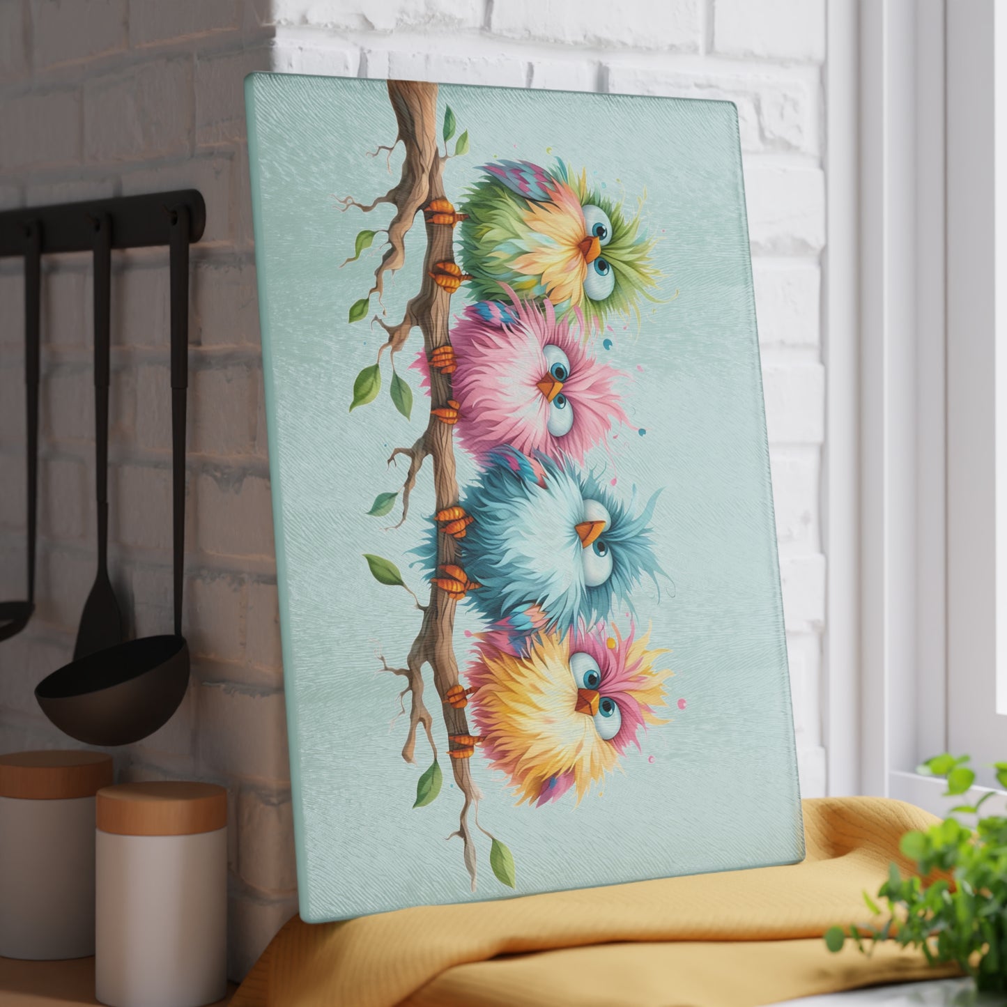 Tabla de cortar - Diseño pastel de pájaros esponjosos - Rosa rosa única en un campo de margaritas, Regalo único, Tabla de cortar de vidrio, Tabla de charcutería, Tabla de cortar personalizada, Flores