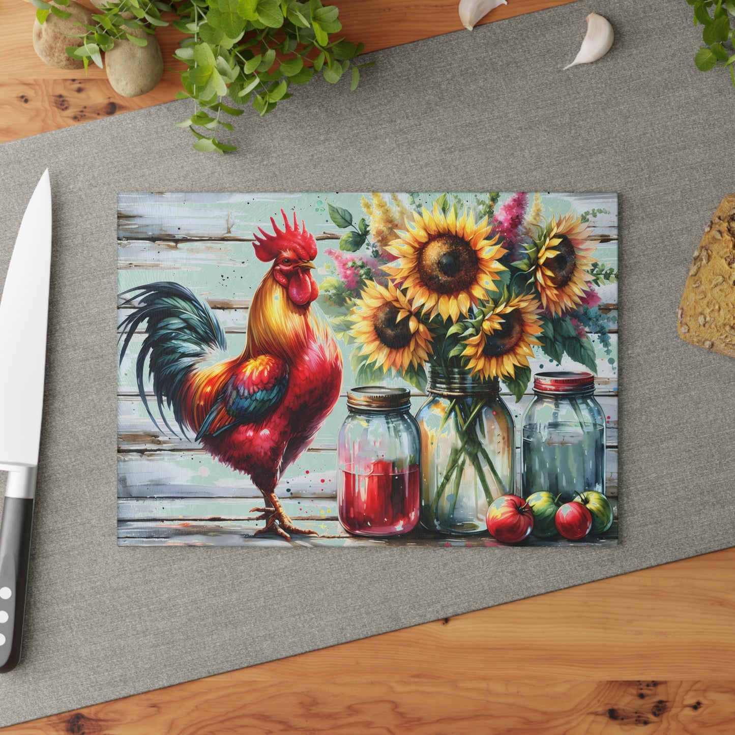 🐓 Bold Rooster & Mason Jar Cutting Board – Rustic Sunflower Farmhouse Decor