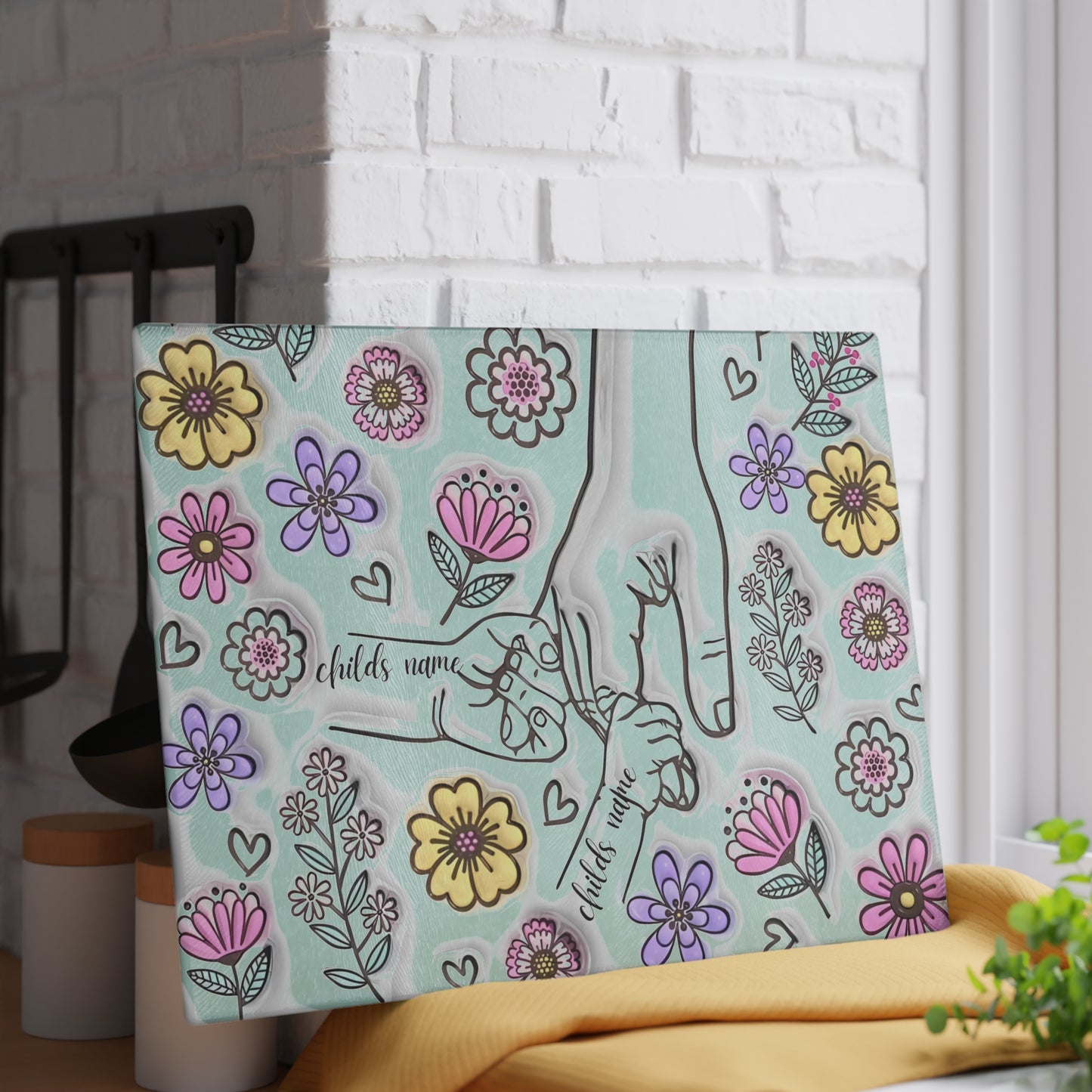 Tabla de cortar de vidrio templado personalizada con manos de madre | Arte floral 3D | Nombres personalizados para niños | Regalo para el Día de la Madre