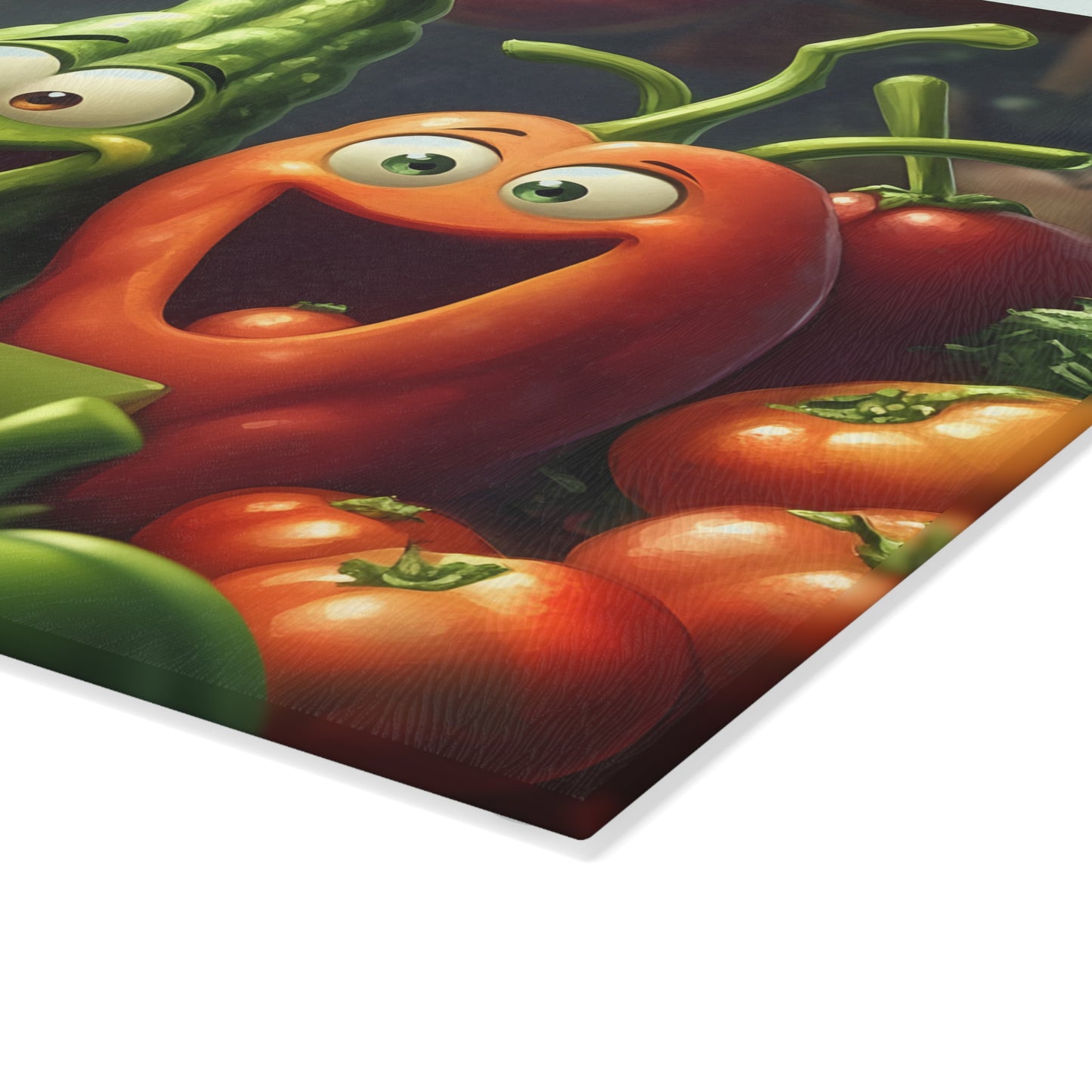 Tabla de cortar de vidrio “Ninguna verdura sin picar” – Humor de cocina con verduras que ríen 😆🍅