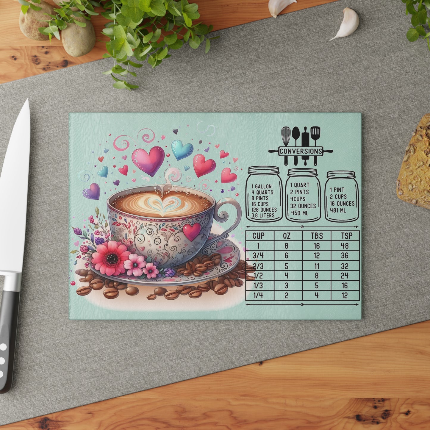 ☕ Heart Latte Kitchen Conversions Cutting Board – Whimsical Charm Meets Practical Use