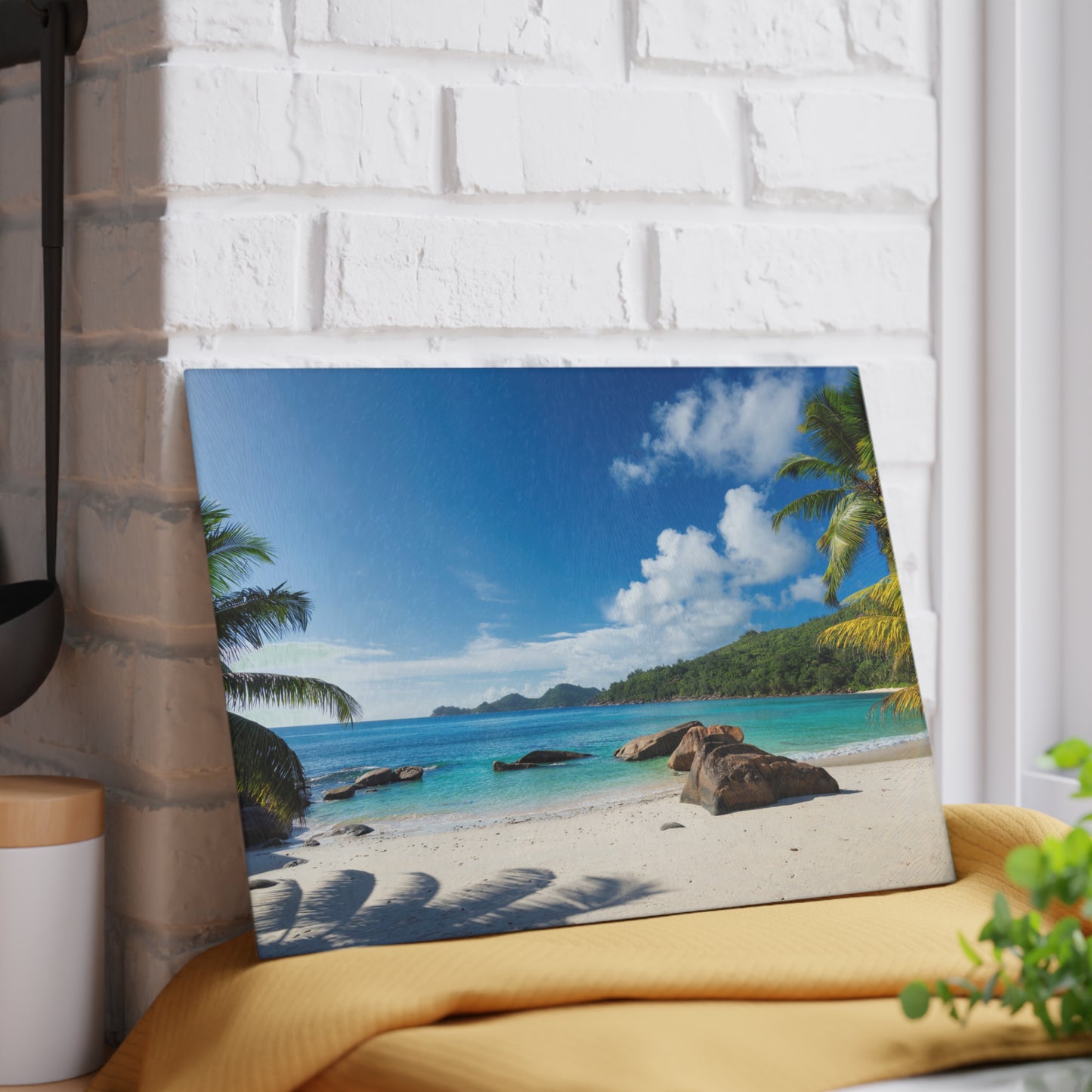 Tabla de cortar de vidrio con diseño de playa y palmeras – Decoración de cocina costera