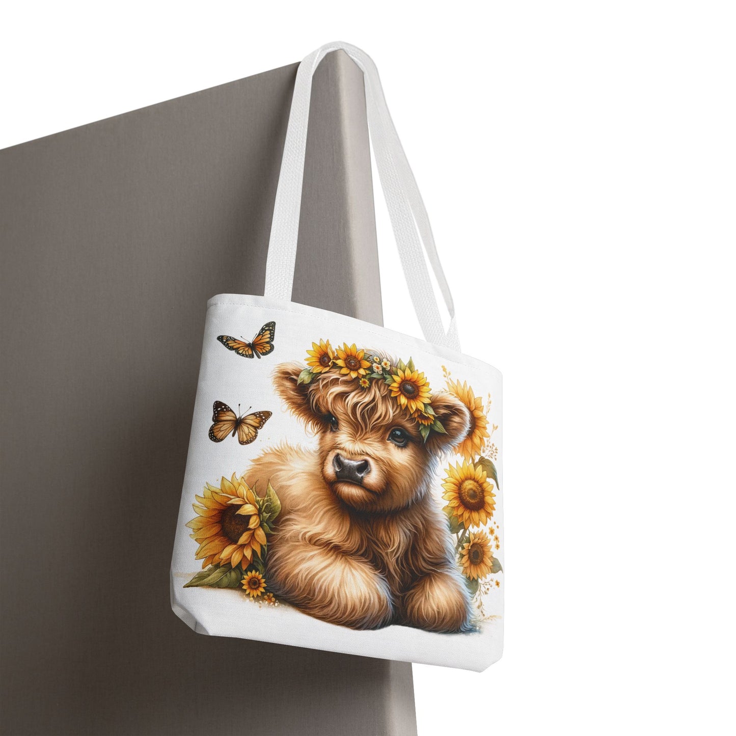 🌻 Sunflower Crown Highland Calf Tote Bag – Country Charm & Butterfly Bliss 🐮👜