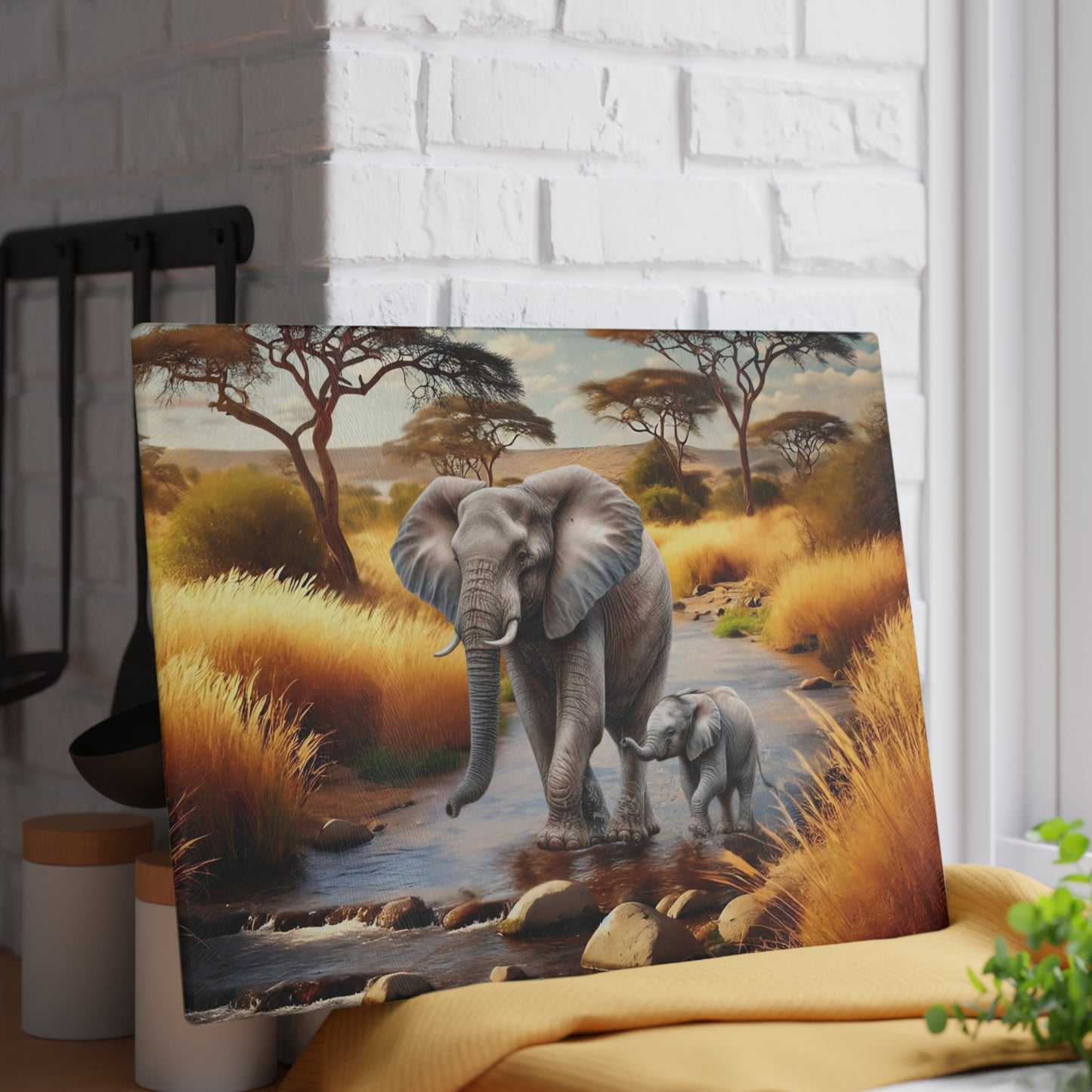 Mama Elephant and baby tempered glass cutting board
